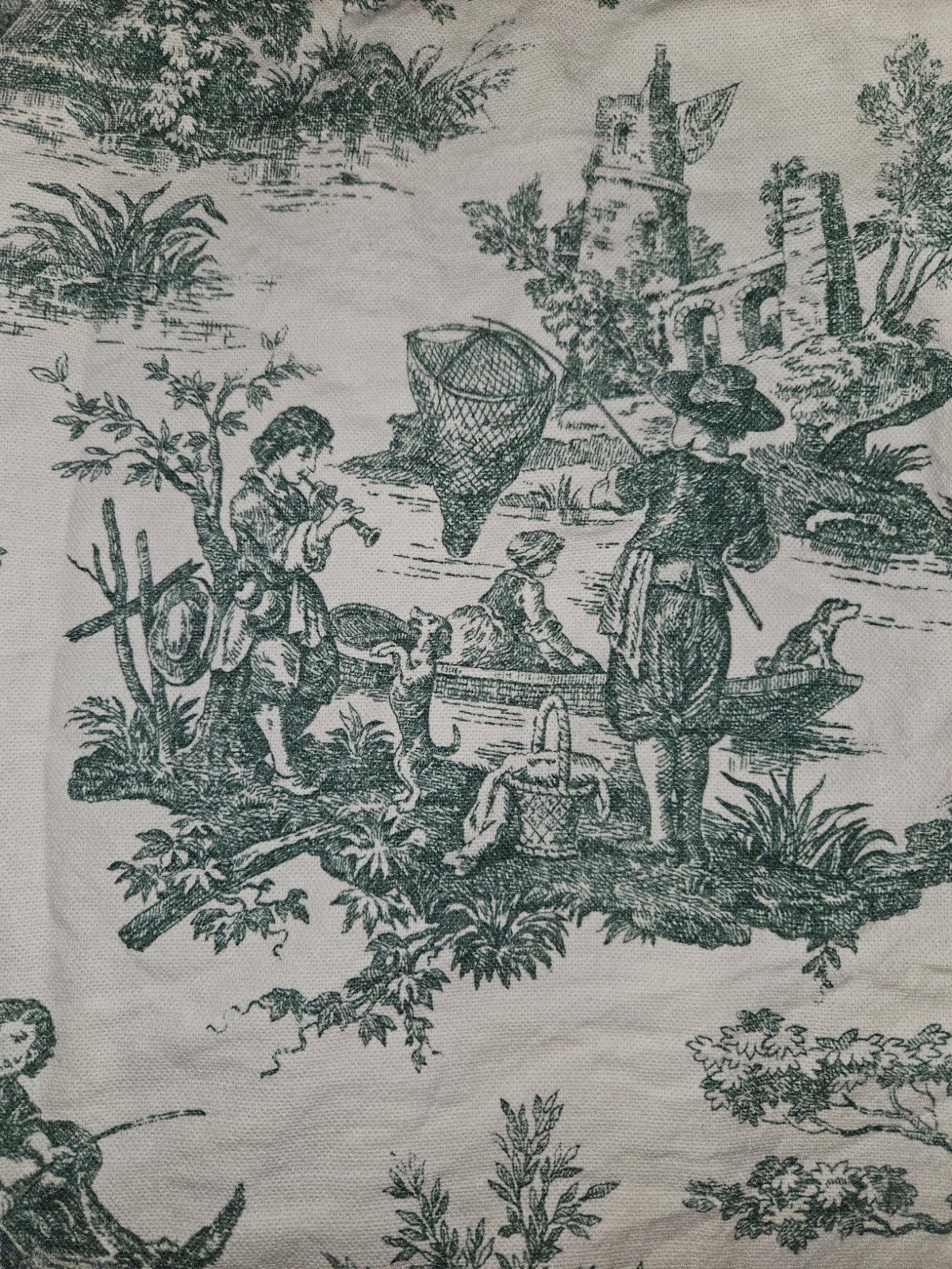 Lot Of 3 Handmade Green French Pastoral Toile Tab Top Curtains Unlined 52″X 60″