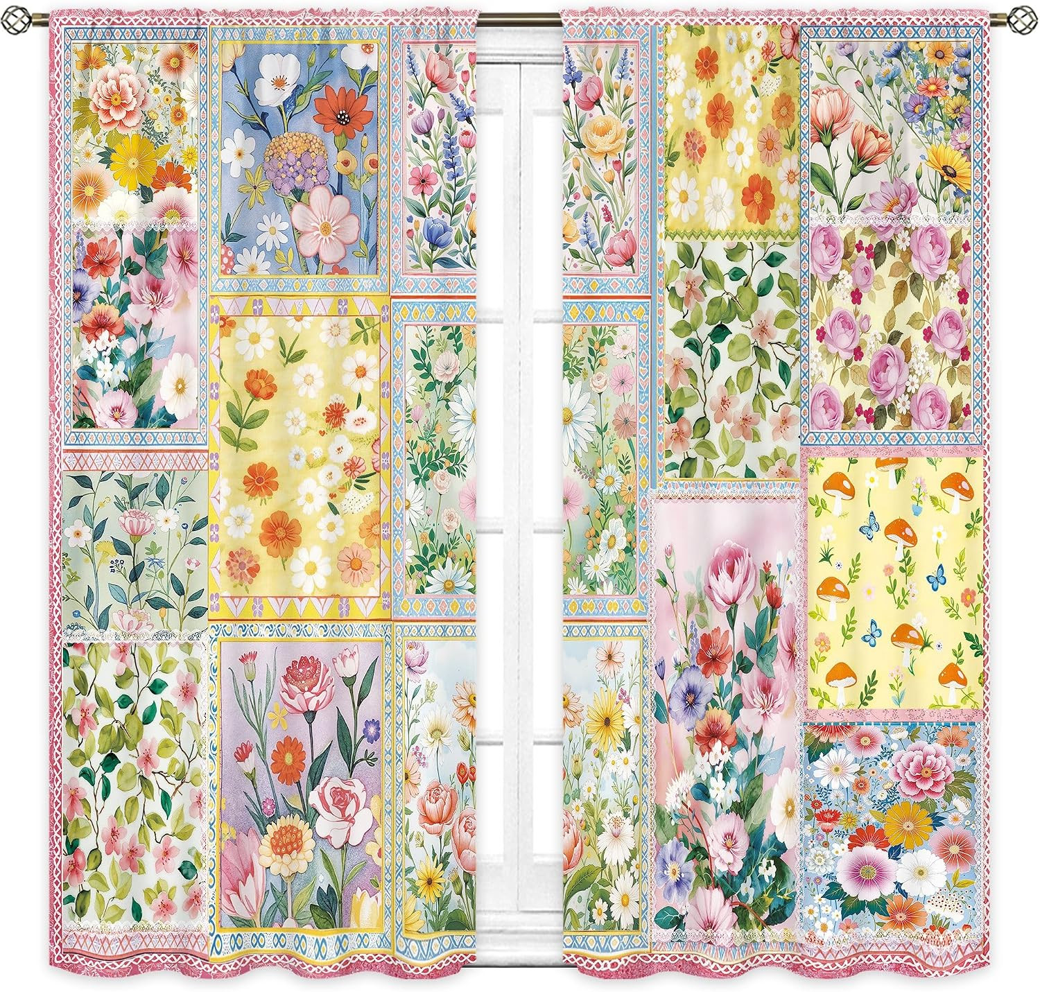 Pink Floral Patchwork Curtains 42Wx63H Inch Rod Pocket Vintage Country Bohemian