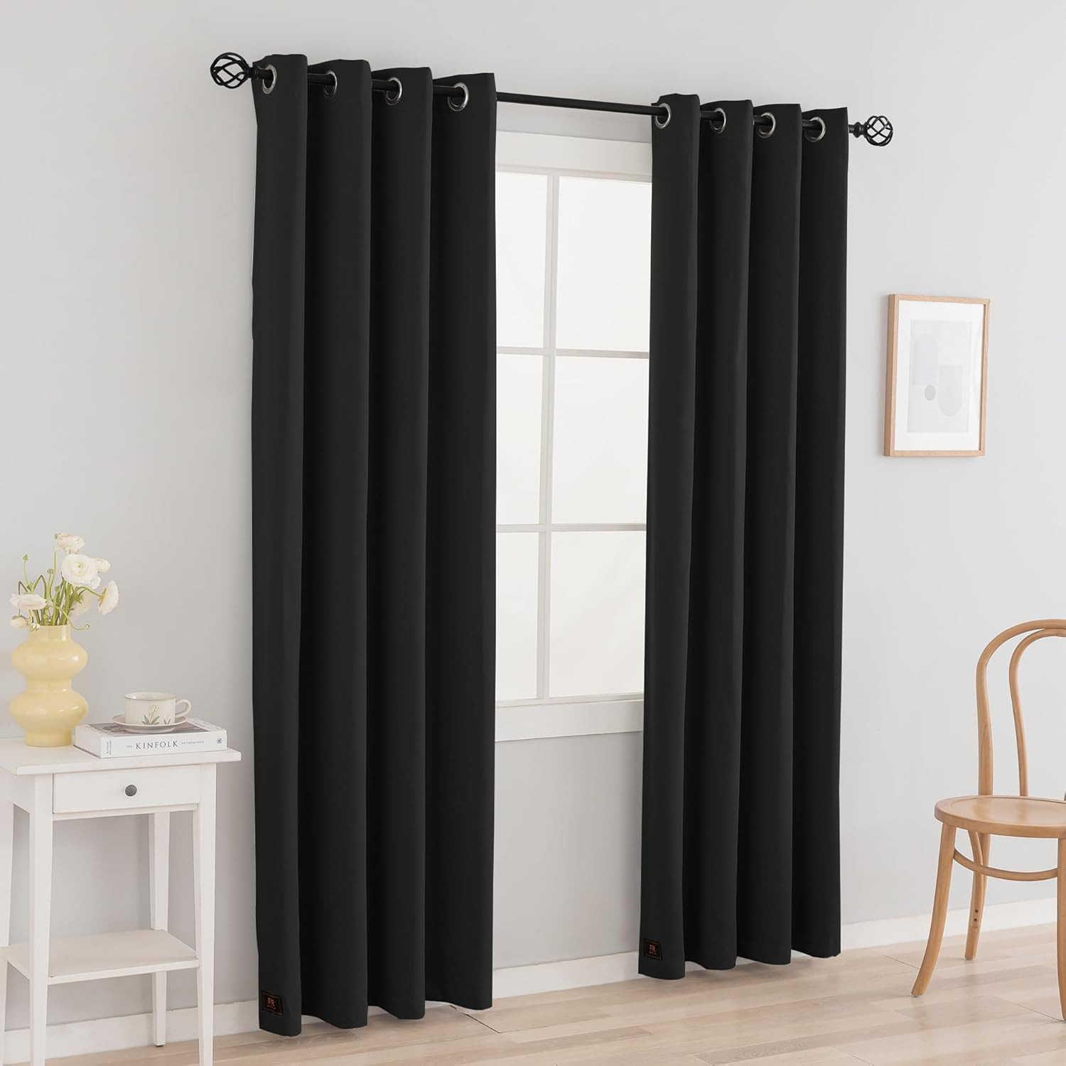 Flame Resistant Blackout Curtains for Classroom & Dorm, 2 Panels, Black 52×72