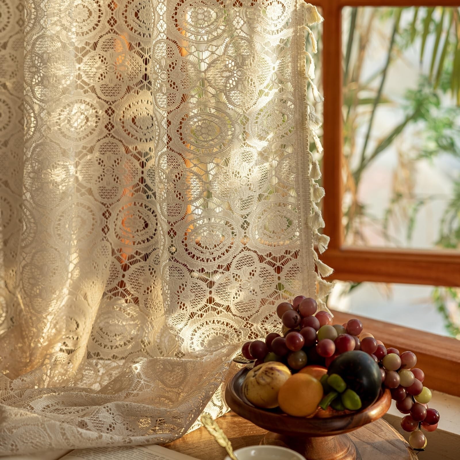 YJ YANJUN Boho Crochet Curtains with Tassel 63 Inch Length 2 Panel Sets Vinta…