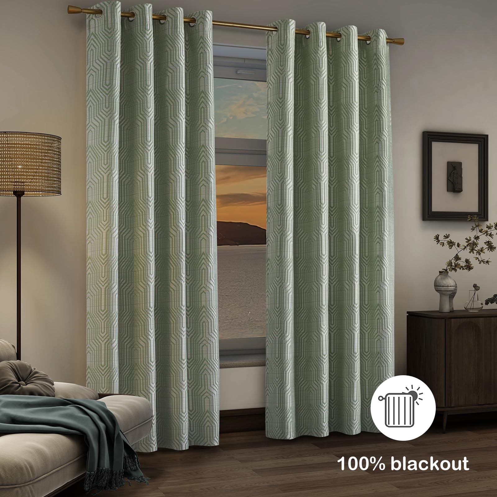 Drapexpert Mint Green And Silvery 100 Blackout Jacquard Geometric Pattern