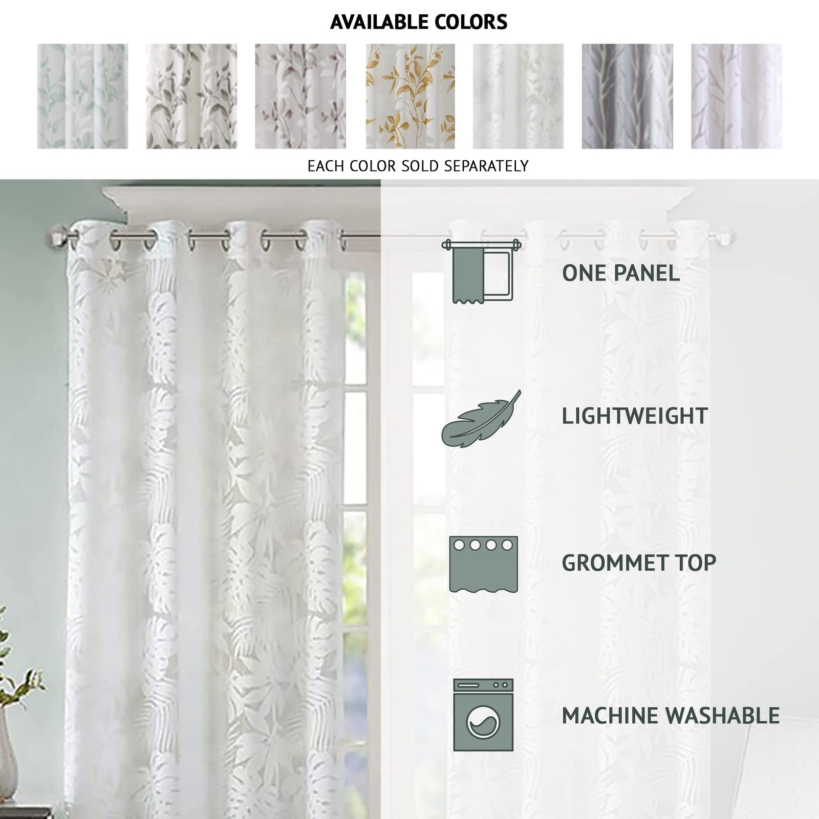 Semi Sheer Single Curtain Modern Contemporary Botanical Print Out Design, Gro…