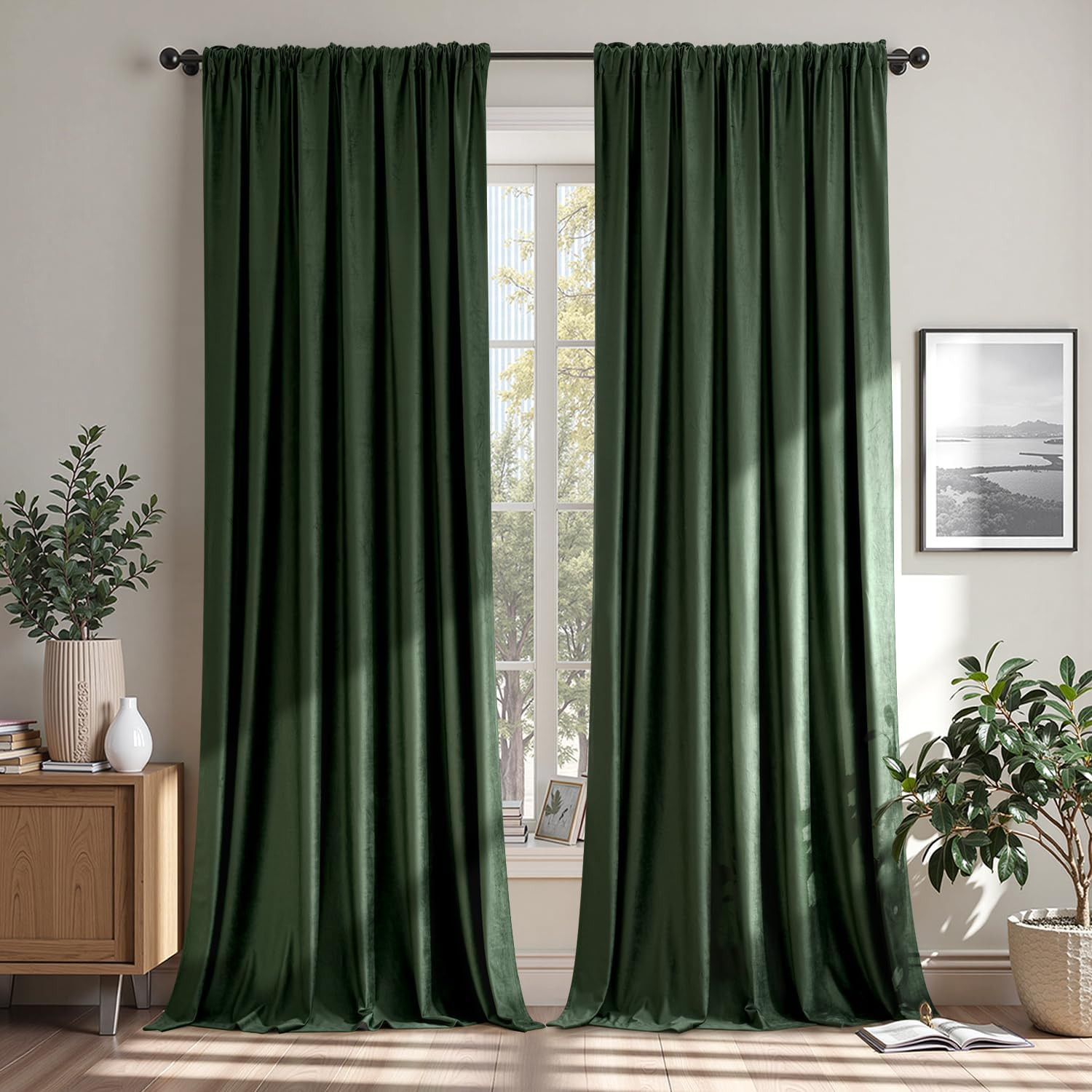 Olive Green Velvet Curtains 84 Inches Long, Extra Wide Blackout Drapes for Bedro