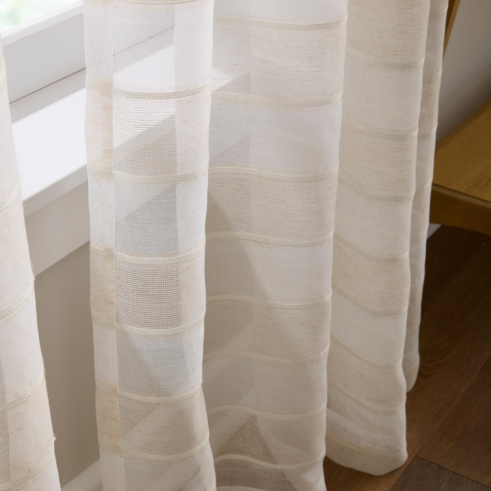 Linen Beige and White Striped Sheer Curtains for Living Room- 50″ x 63″- Set …