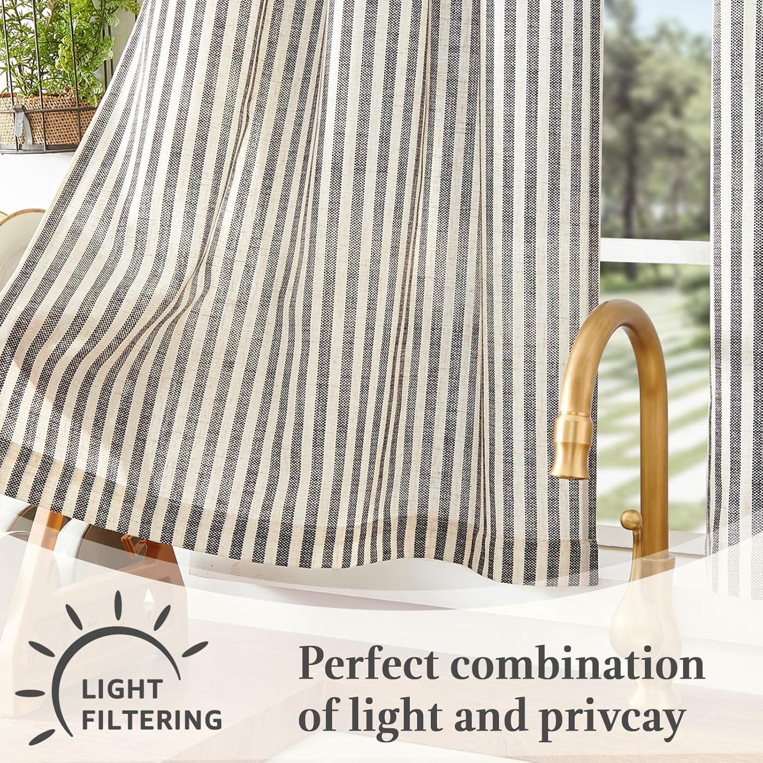 Striped Linen Kitchen Tier Curtains, 20 Inch, Jet Black, 2 Panels | Light-Filter