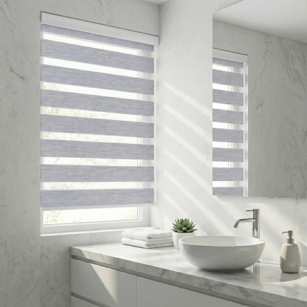 Cordless Zebra Blinds – Grey Light Filtering Dual-Layer Shades 72″x44