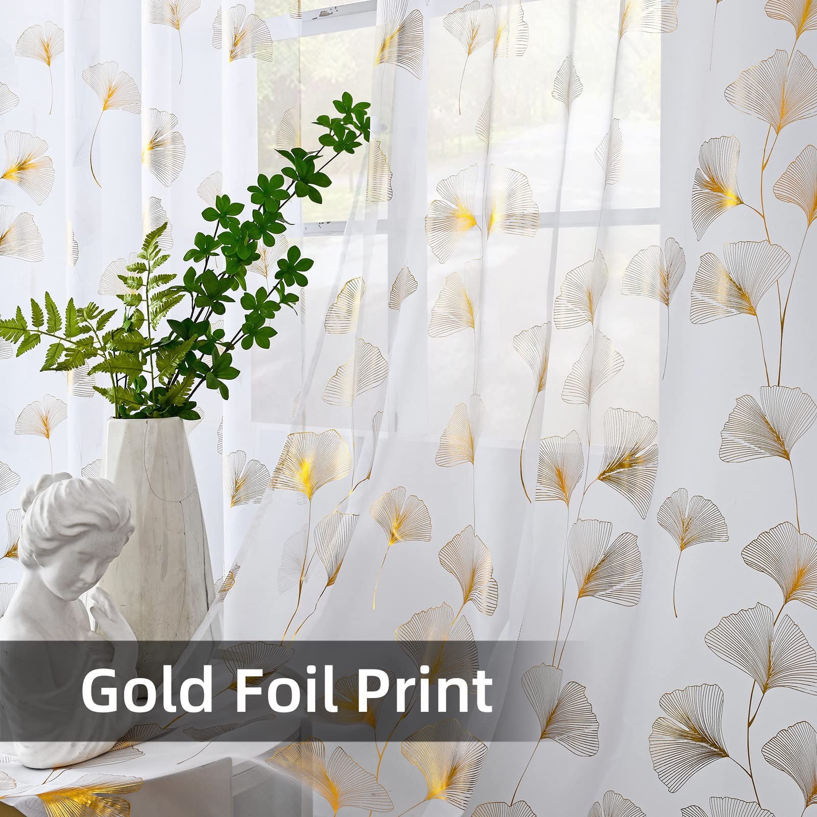 Gold Foil Print Voile Sheer Curtains, Leaves Grommet Top Window Drapes 84 Inc…