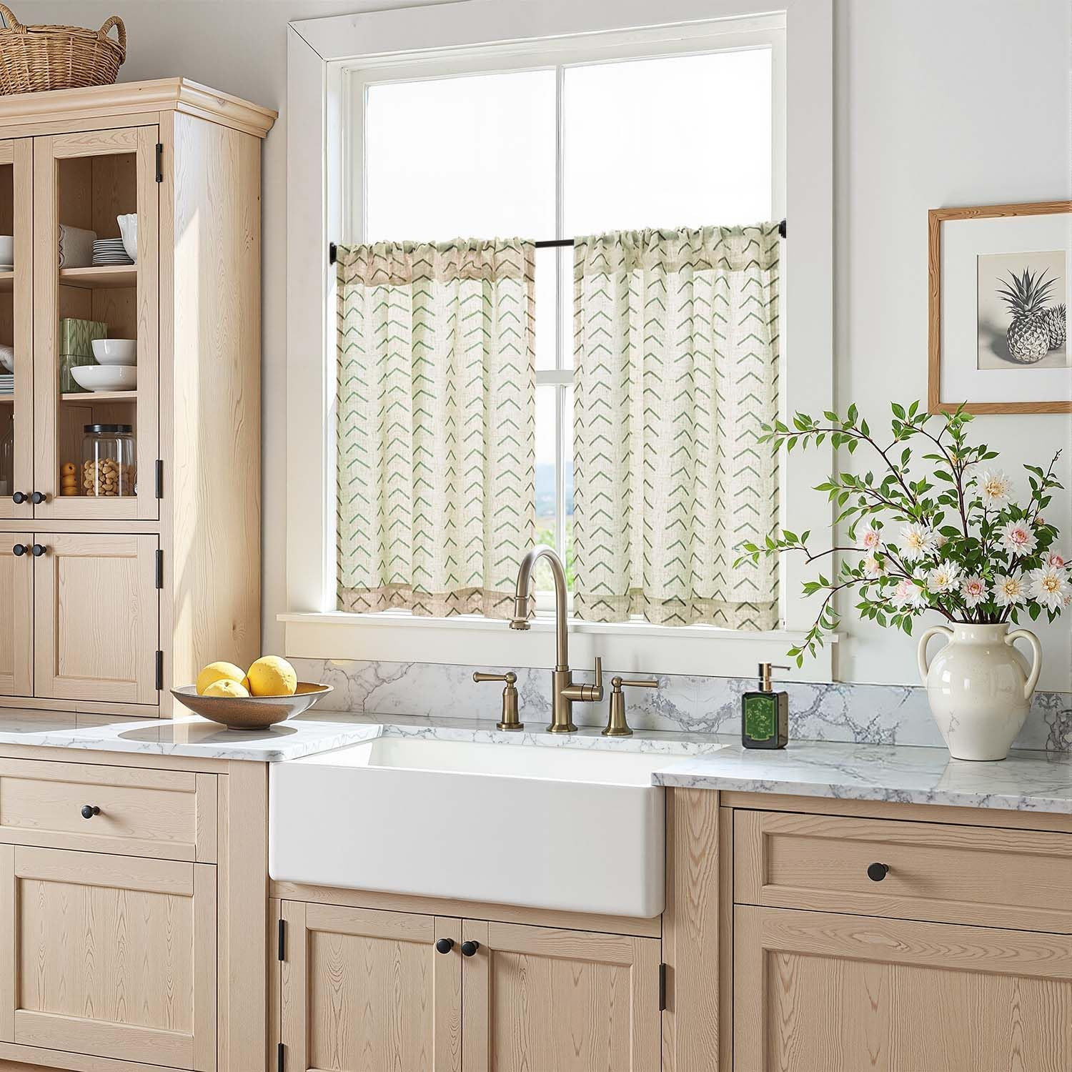 Boho Linen Blend Kitchen Curtains 24 Inch Length Herringbone Printed Tier Curtai