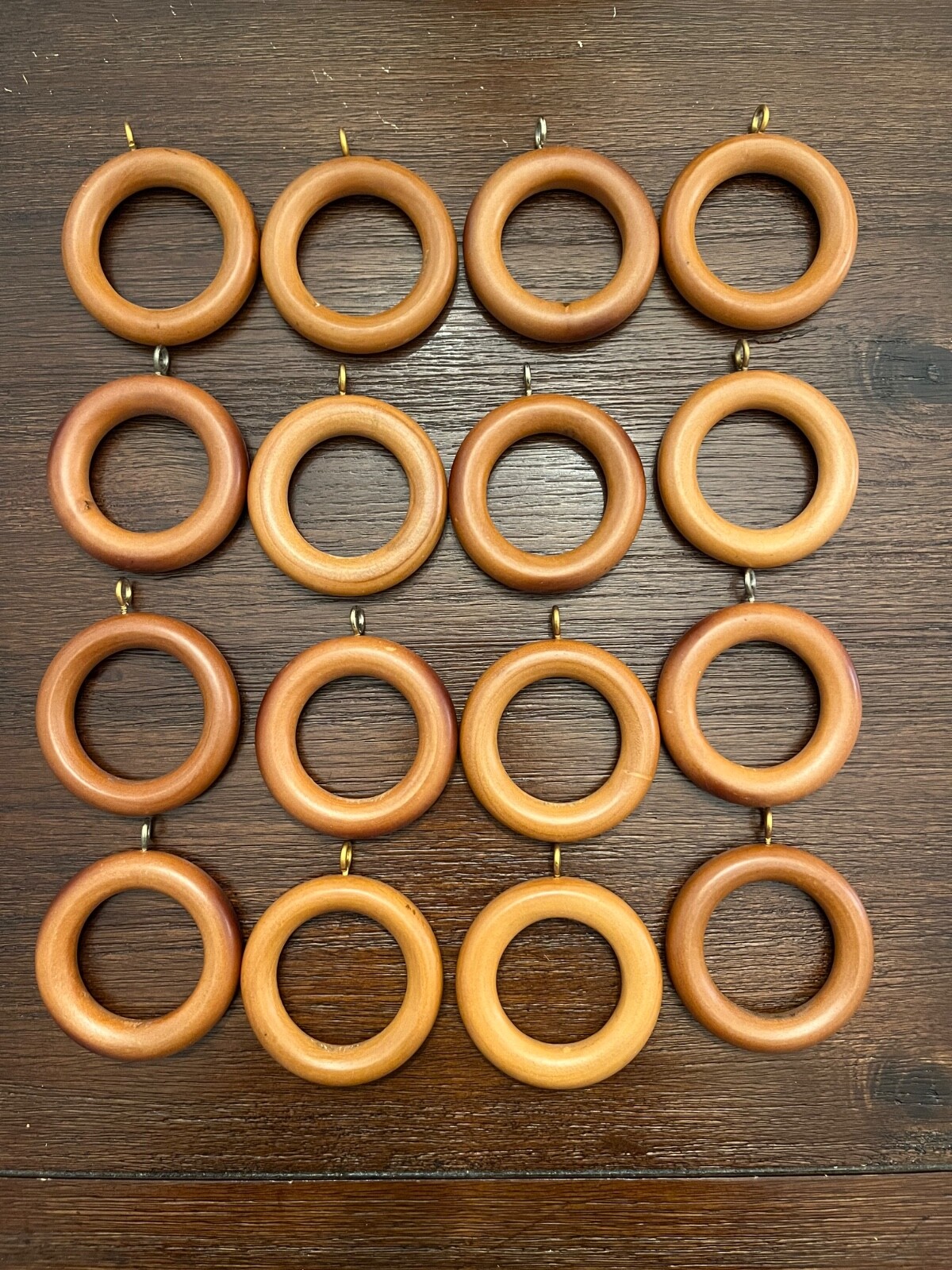 Wooden Curtain Drapery Rings with Eye Hook Light – Medium Brown 16 Pieces
