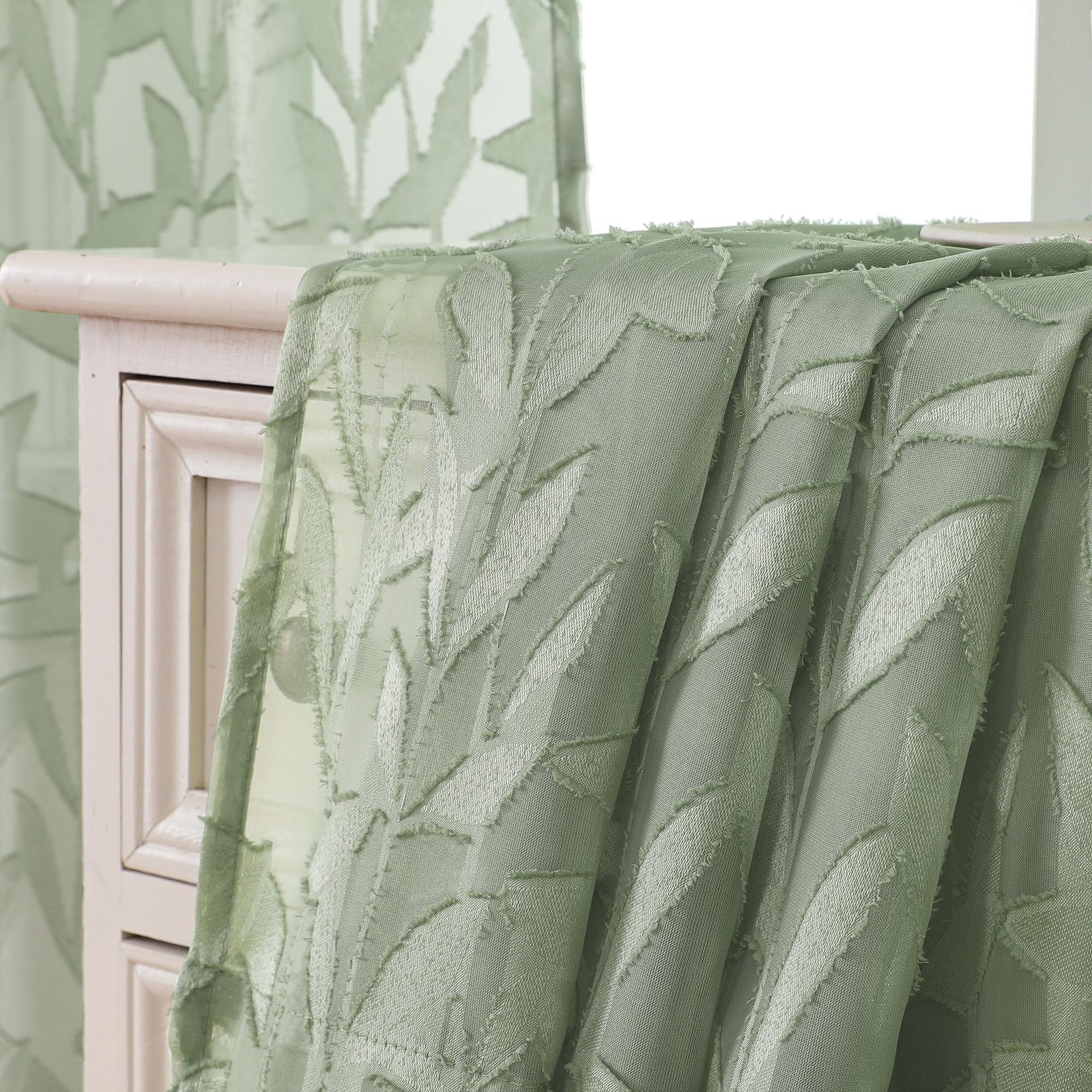Leia 14 Inch Sage Valance for Window Green Sheer Curtains 2 PCS, Jacquard Tex…