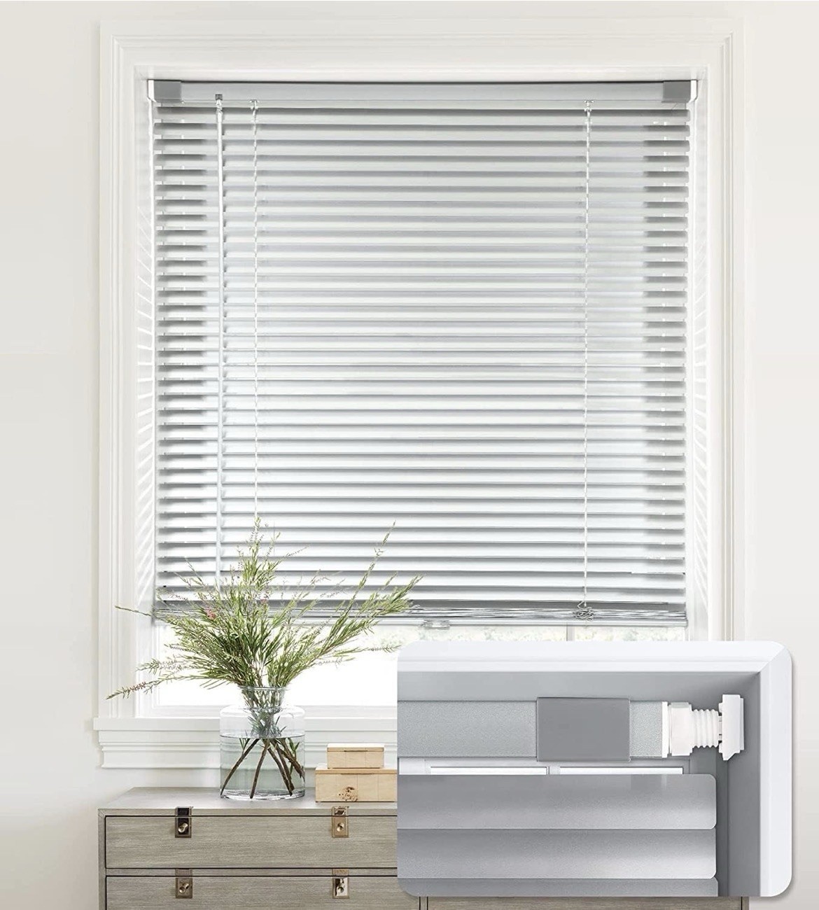 No Drill Cordless Aluminum Mini Blinds 34”W x 64”H Silver Grey Indoor Window