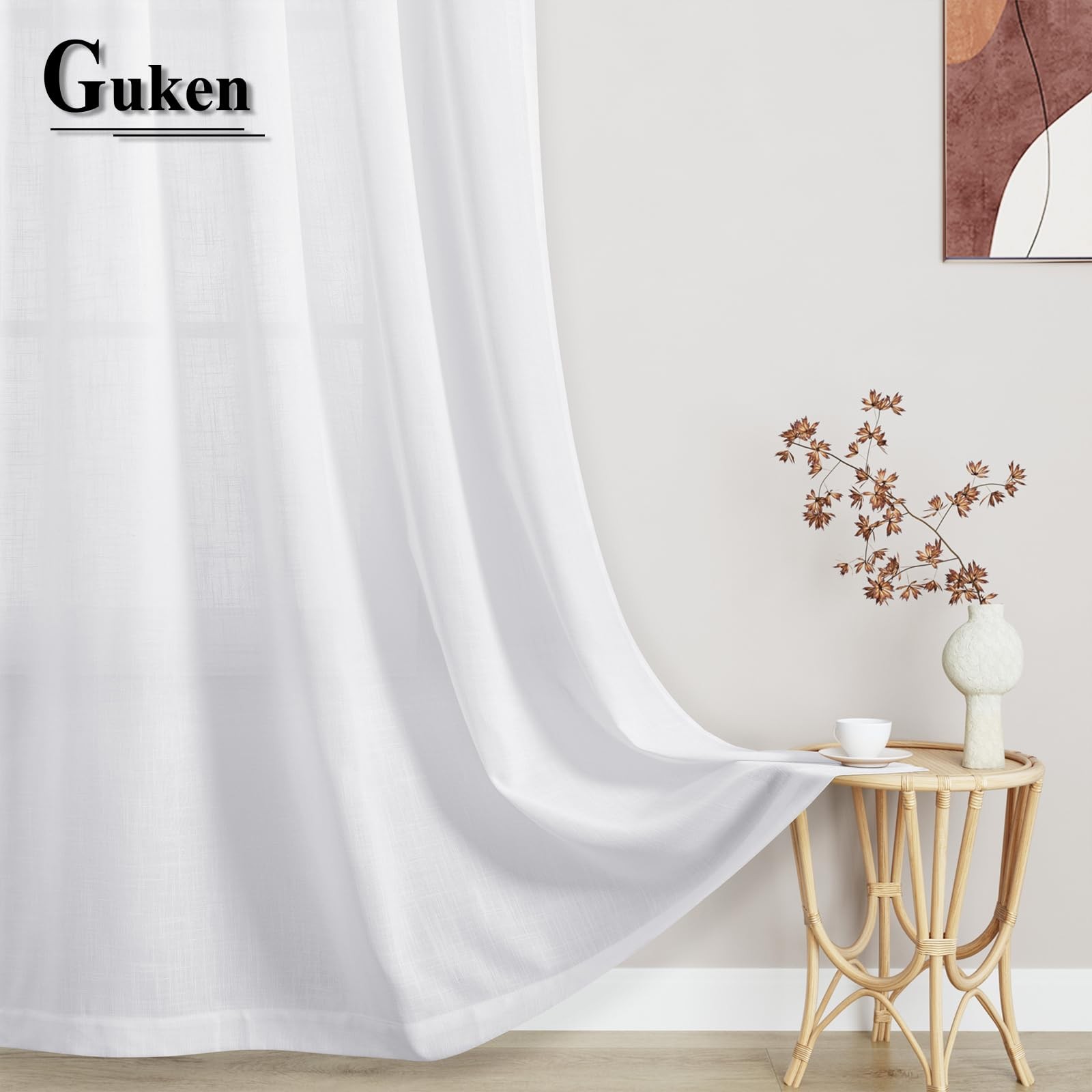 Guken White Linen 52×132 in Curtain Panel 132″ Semi Sheer Light Filtering 1