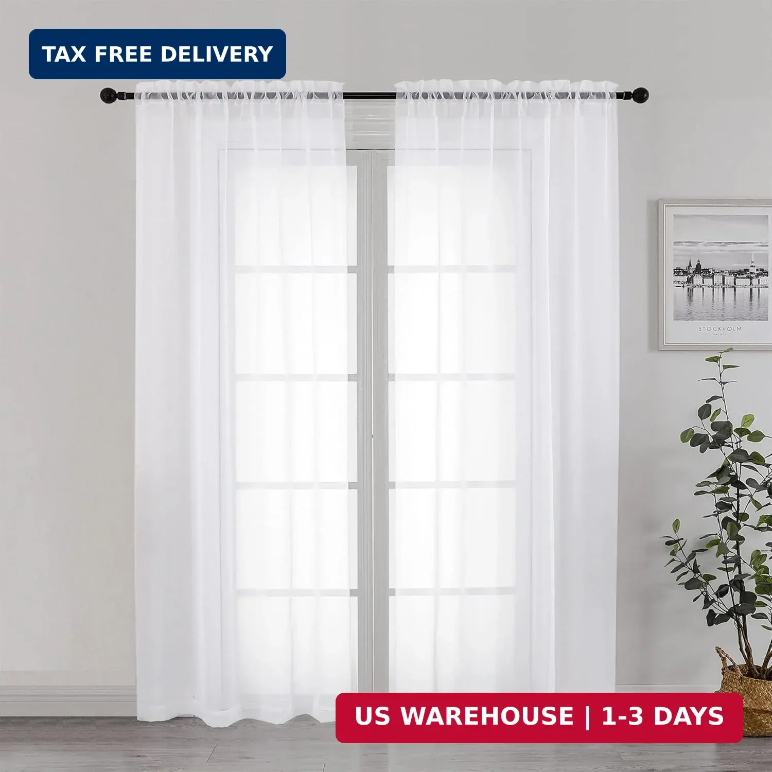 Sheer Curtains 72 Inch Length 2 Panels, Light 42″W x 72″L (Pack of 2) White