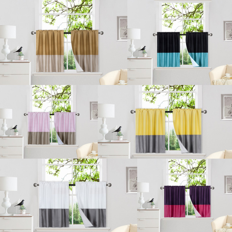 2PC KITCHEN TIER BLACKOUT PATCHWORK 2-TONE SILKY WINDOW CURTAIN PANEL (KIM) 36″L