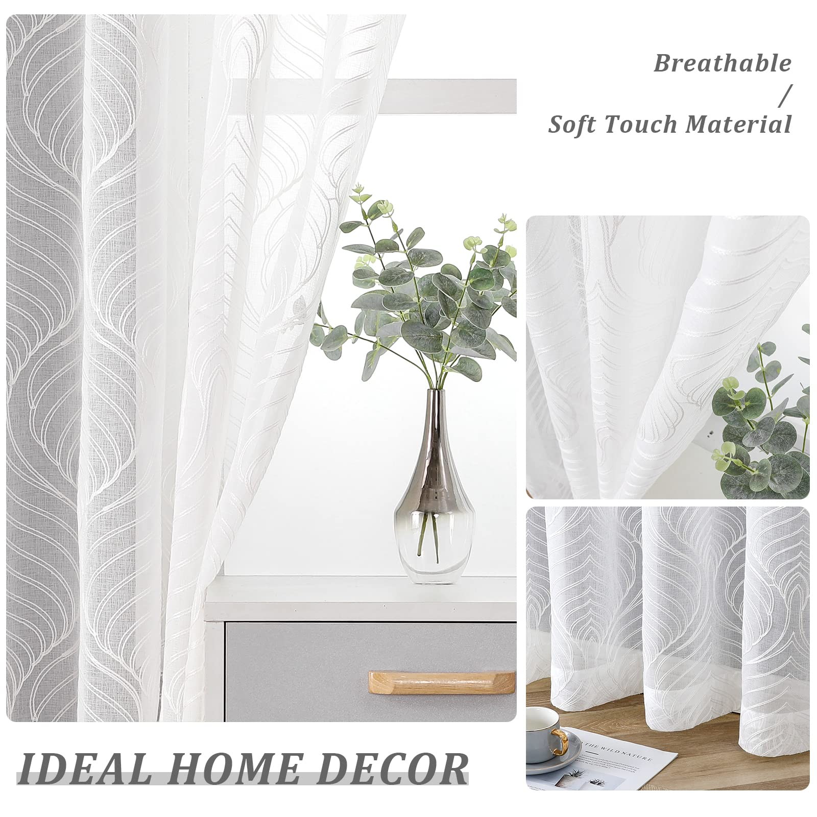 Sheer Curtains 72 Inches Long 2 Panels Set, White Moroccan Embroidery Texture…
