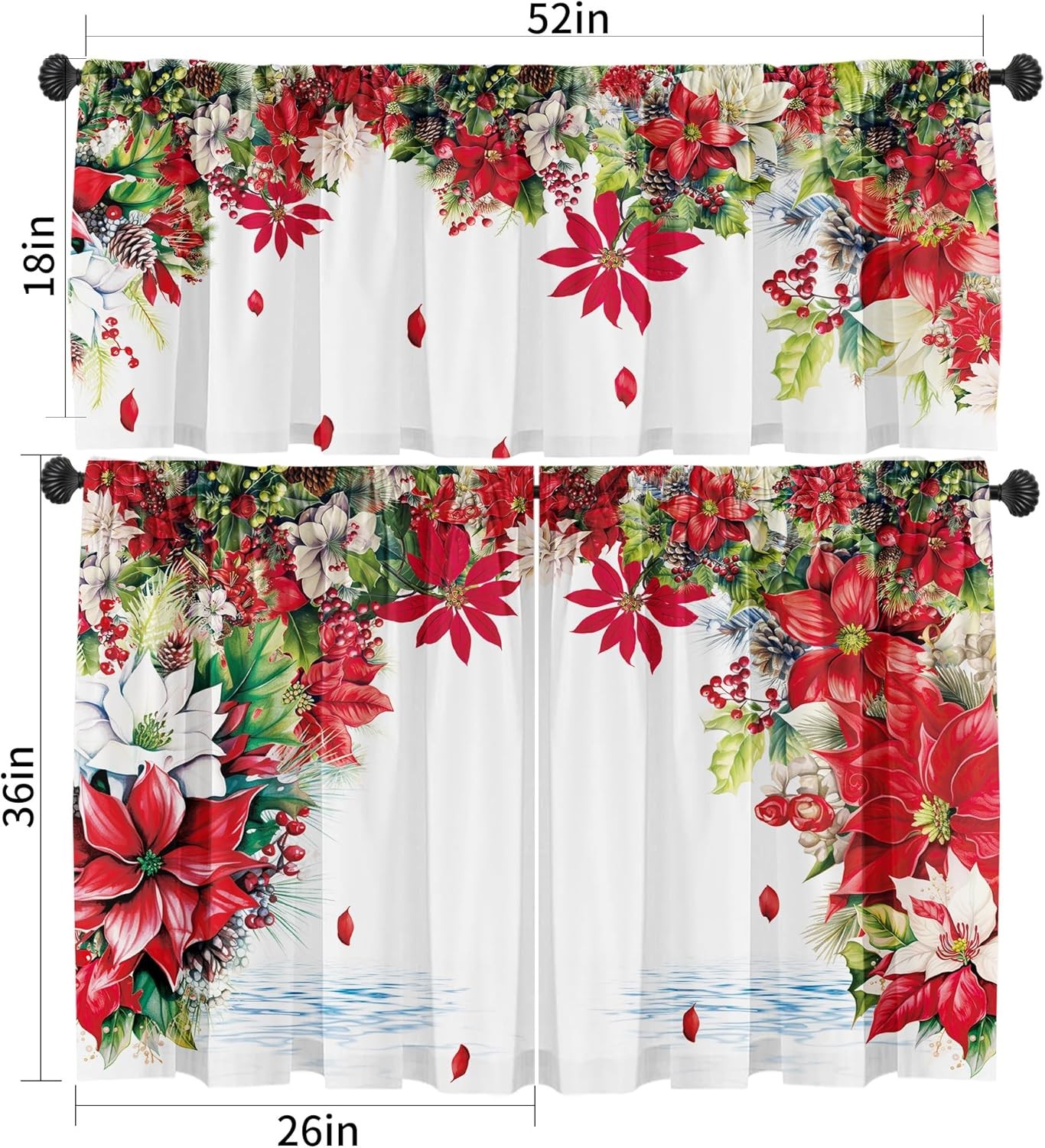 Christmas Poinsettia Curtain Valances 3 Piece Set Upper Curtain 52” Lx18”