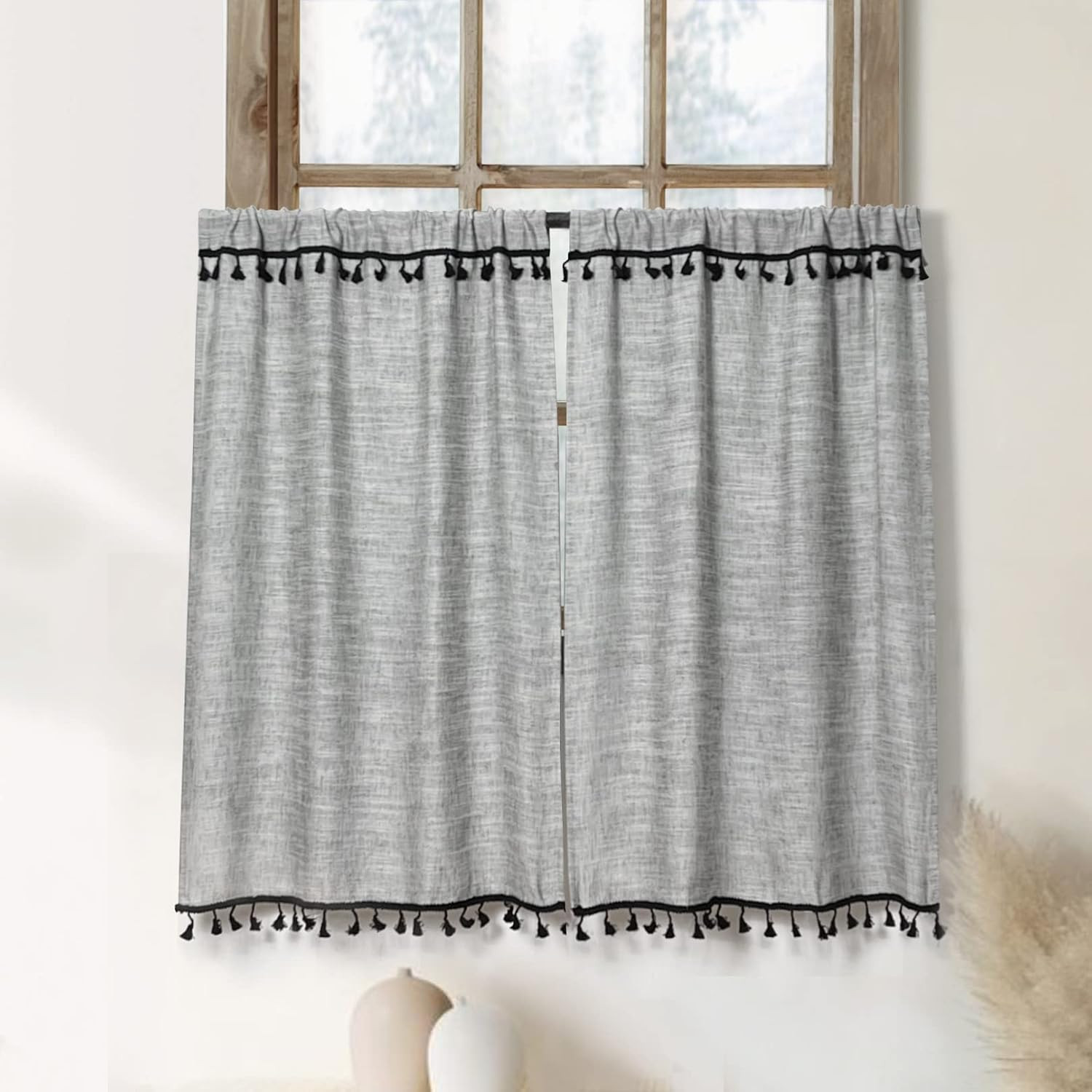 Boho Tassel Kitchen Curtains 36 Inch Length Modern Farmhouse Cotton Linen Short