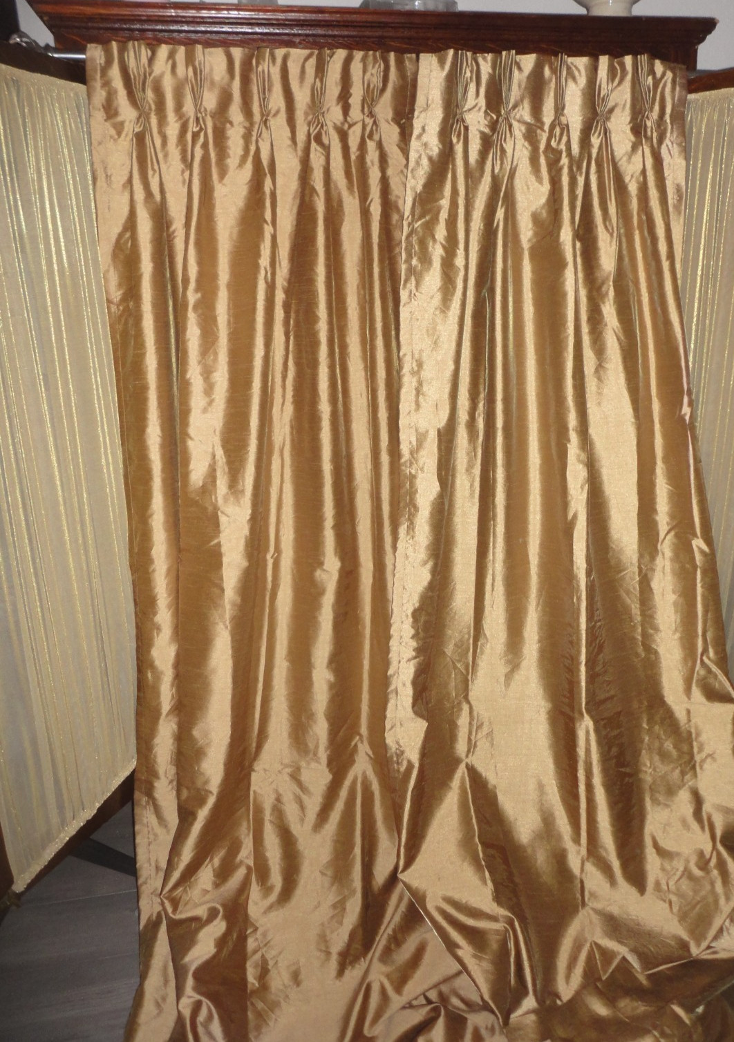 PERI GOLD IRRIDESCENT FAUX SILK (2) PINCH PLEAT PANELS WINDOW CURTAIN 23X106
