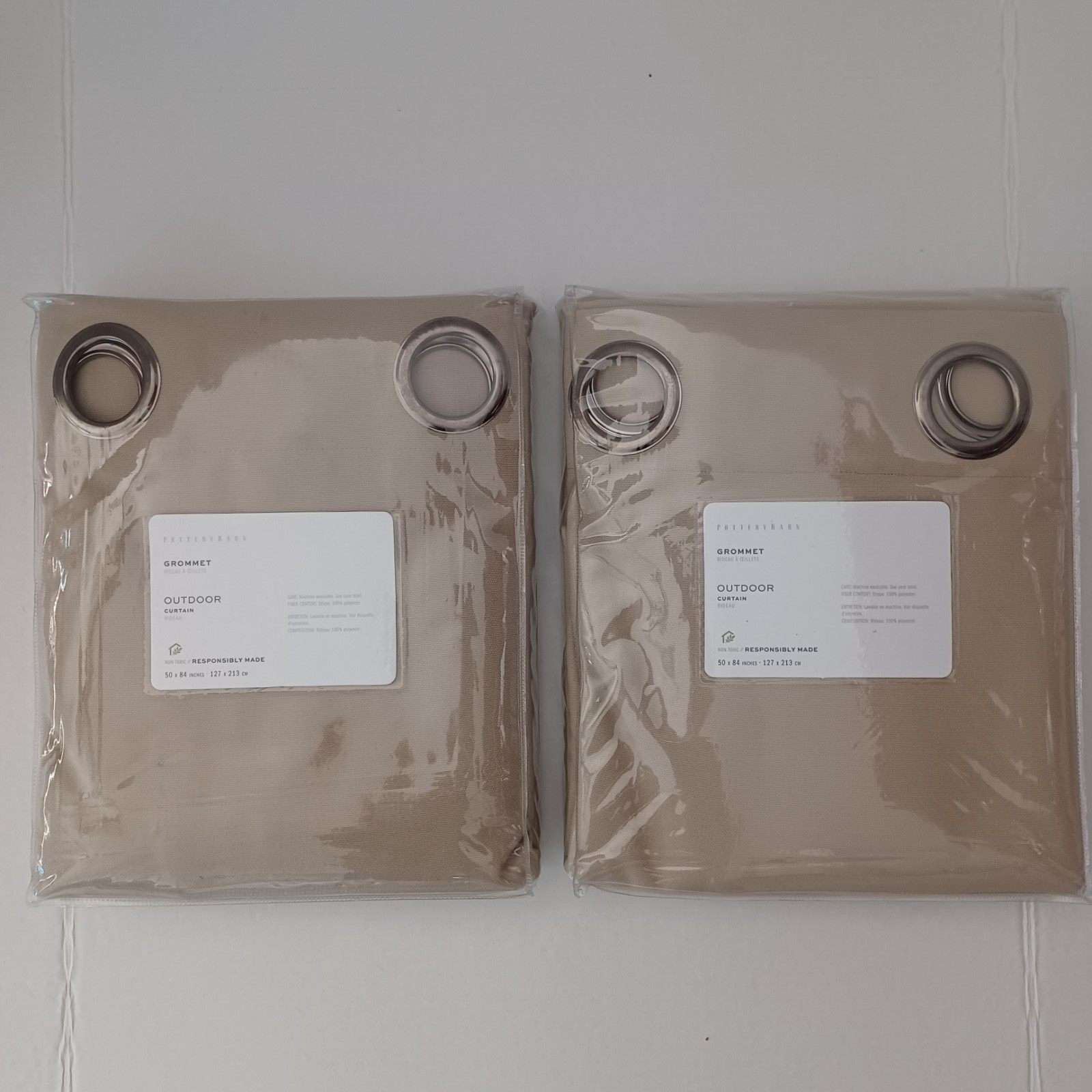 Pottery Barn Outdoor Grommet Curtain Drape S/2 50×84″ Stone Khaki Neutral NIP