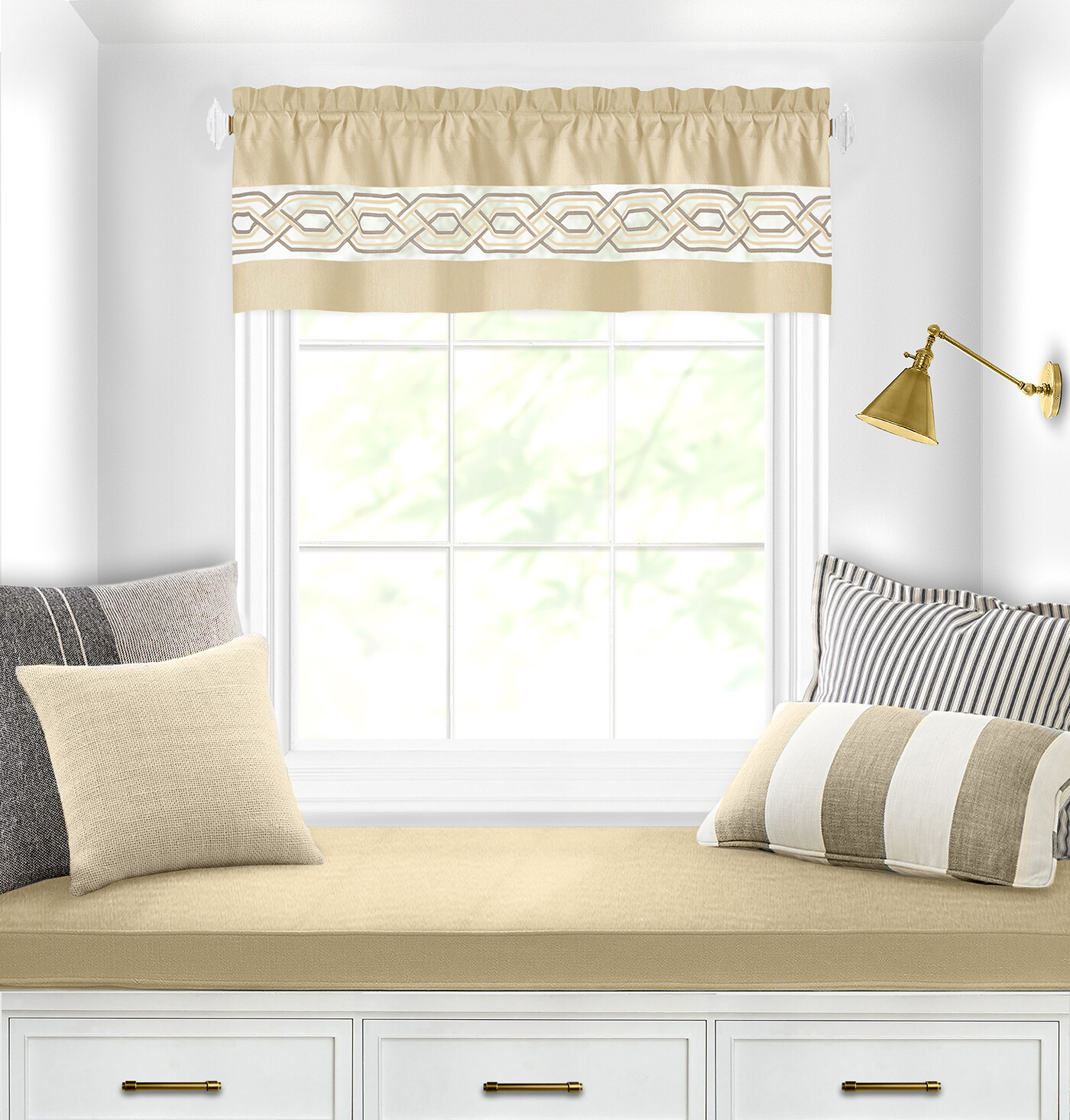 Contemporary Clean Two-Tone Embroidered Window Curtain Set, Tan