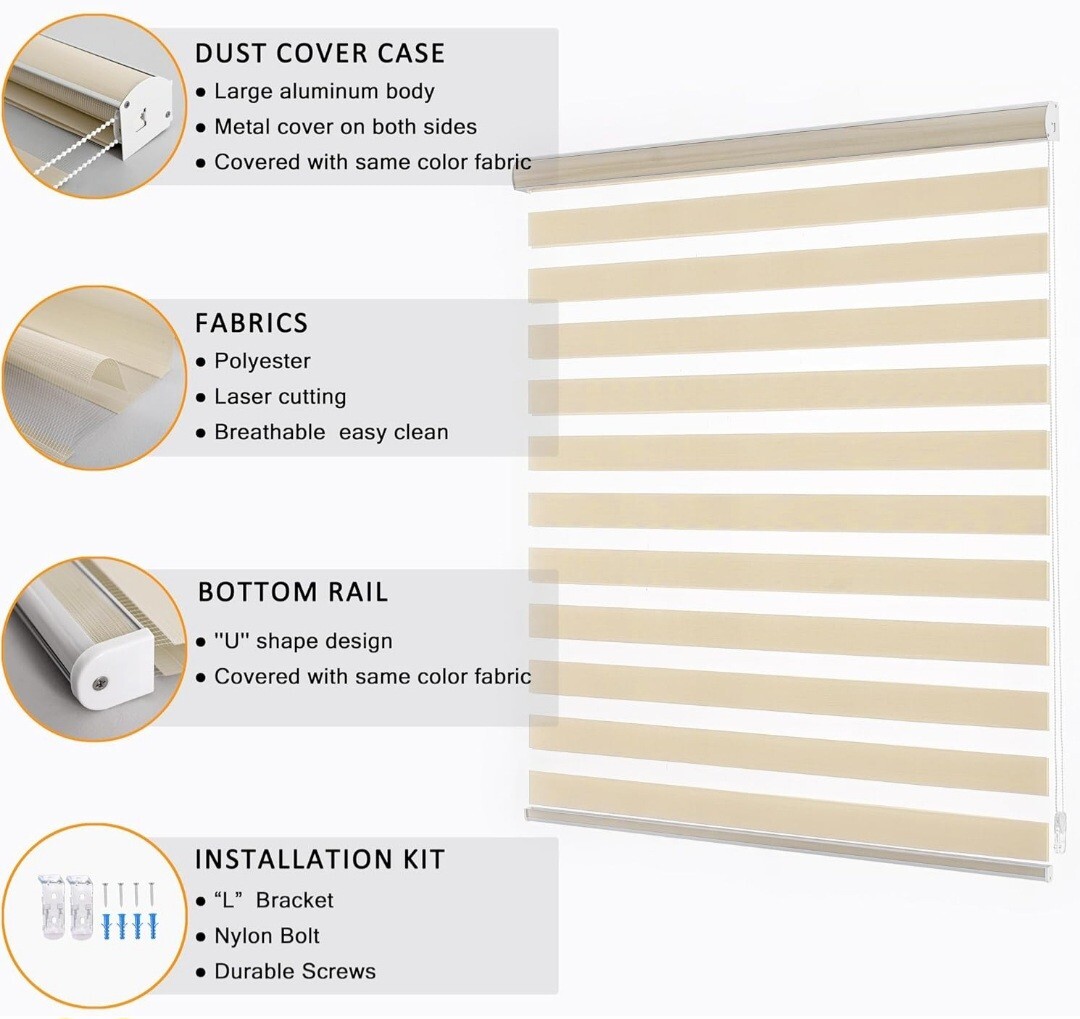 Blind Dual Layer Polyester Zebra Roller Light Filtering Sheer Shades 20″W x 72″L