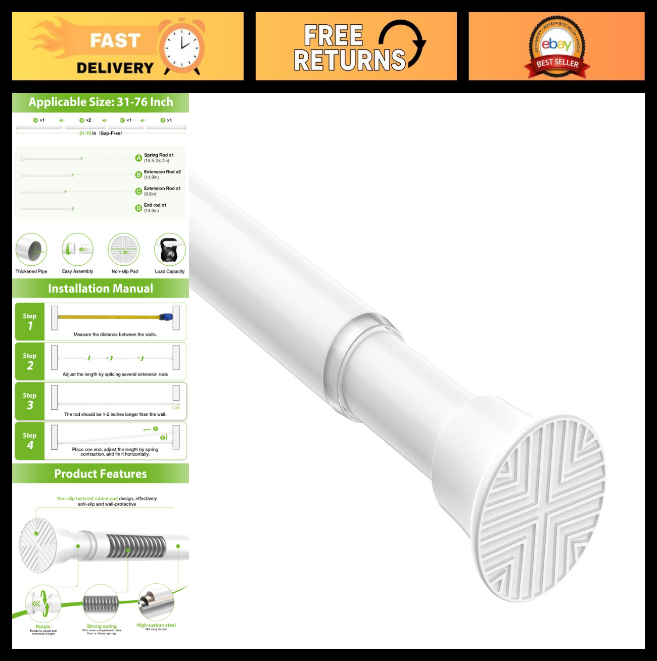 Adjustable Spring Tension Curtain Rod 31-76 Inch – No Drill, White, 7/8″ Diamete