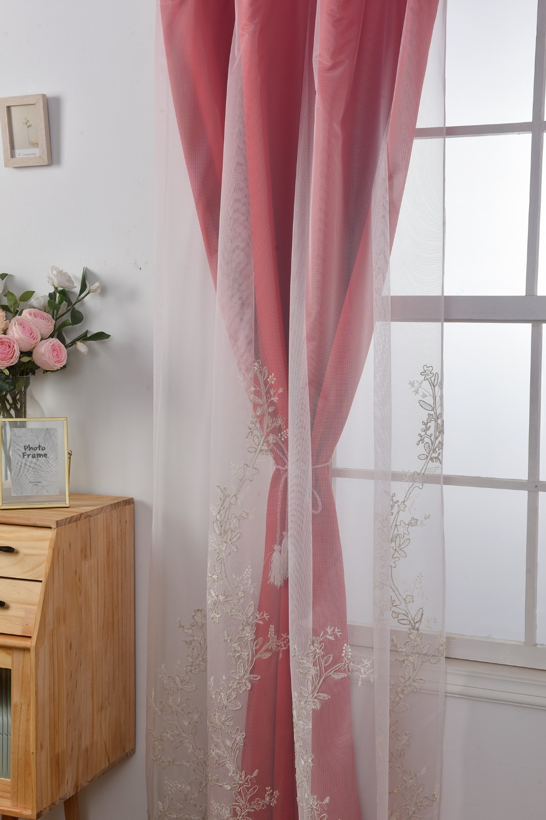 2 Panels 52x63inch Double Layer Curtains with Embroiered Sheer, Grommet Drapes