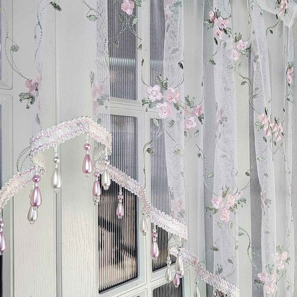 1PC Victorian Style Floral Sheer Swag Curtain Valance for Arched Door,Pink Embro