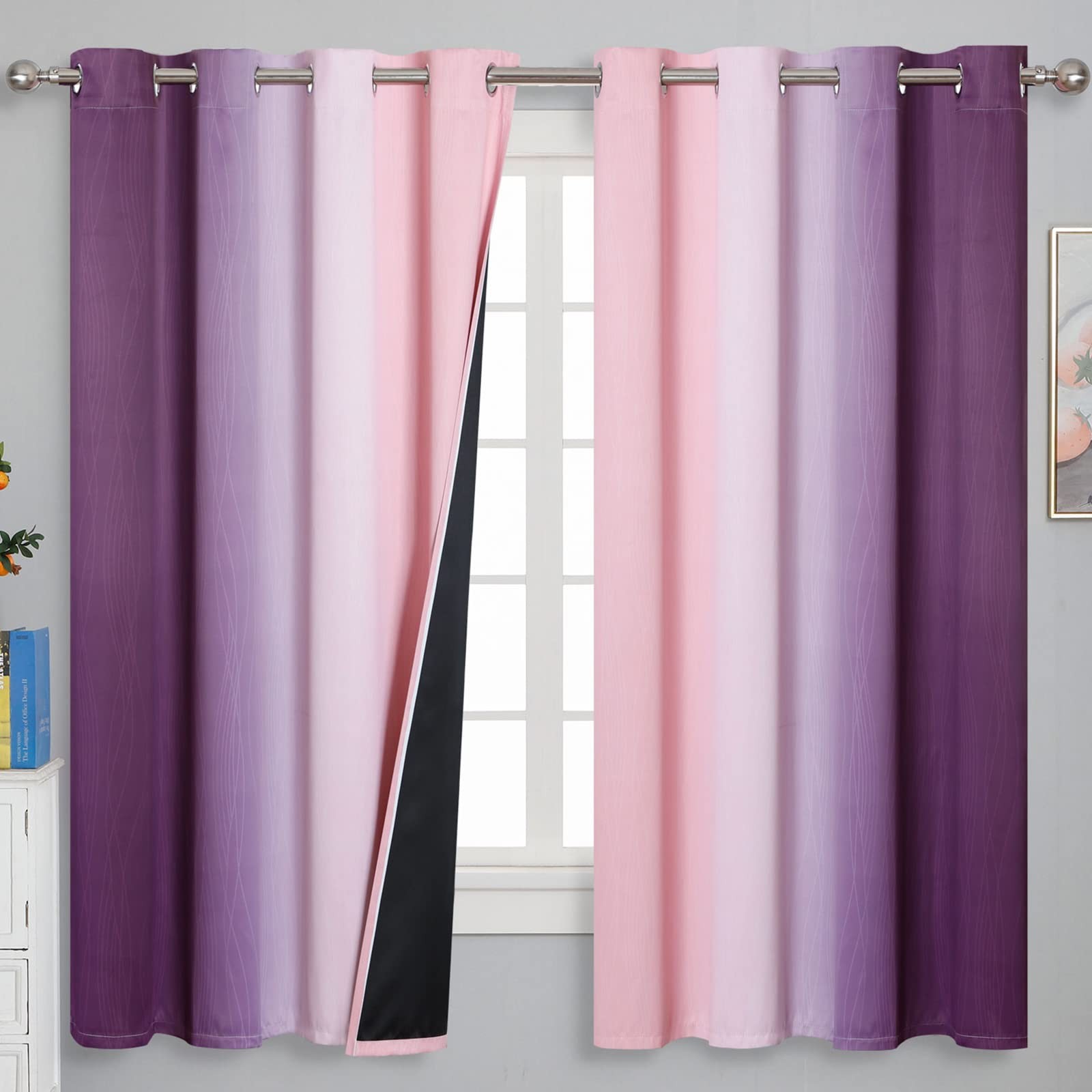 Pink and Purple Curtains 63 Inch Length 2 Panels, Full Light Blocking Ombre Blac