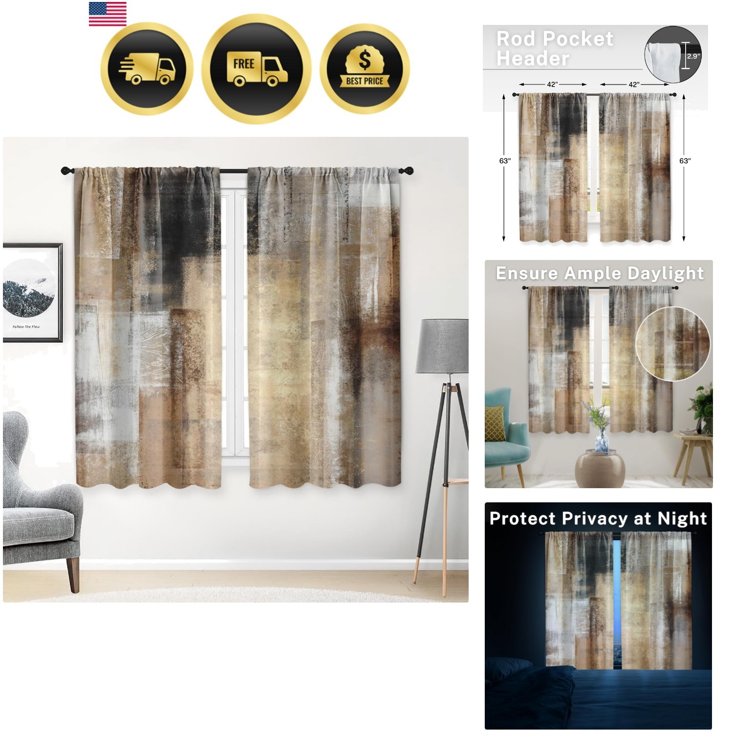 Brown Beige Painting Kitchen Curtains 63 Inch Length Grey Window Curtains Ove…