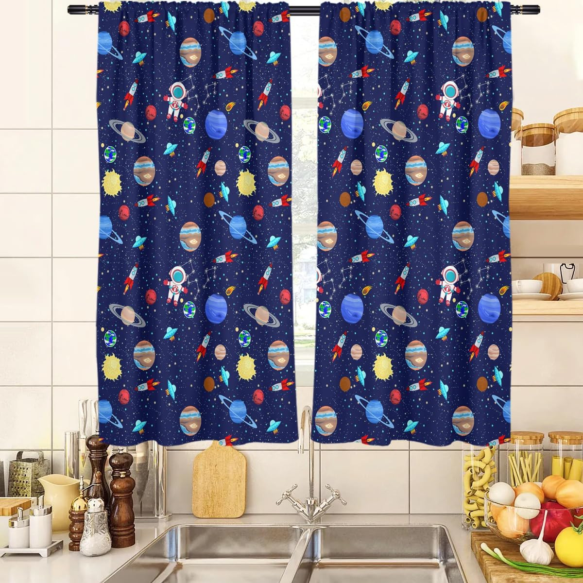 Space Kitchen Curtains Outer Kid Boys Astronaut Galaxy Universe Gamer Blue Small
