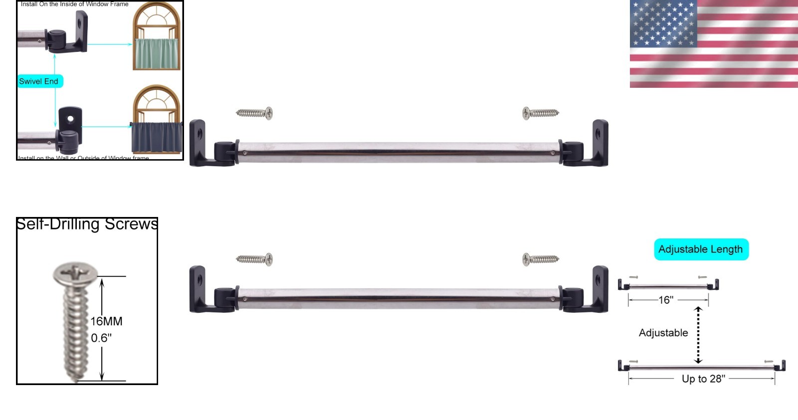 Black 16″ to 28″ Inside Window Frame Sash Rod – Modern Cafe Curtain Solution