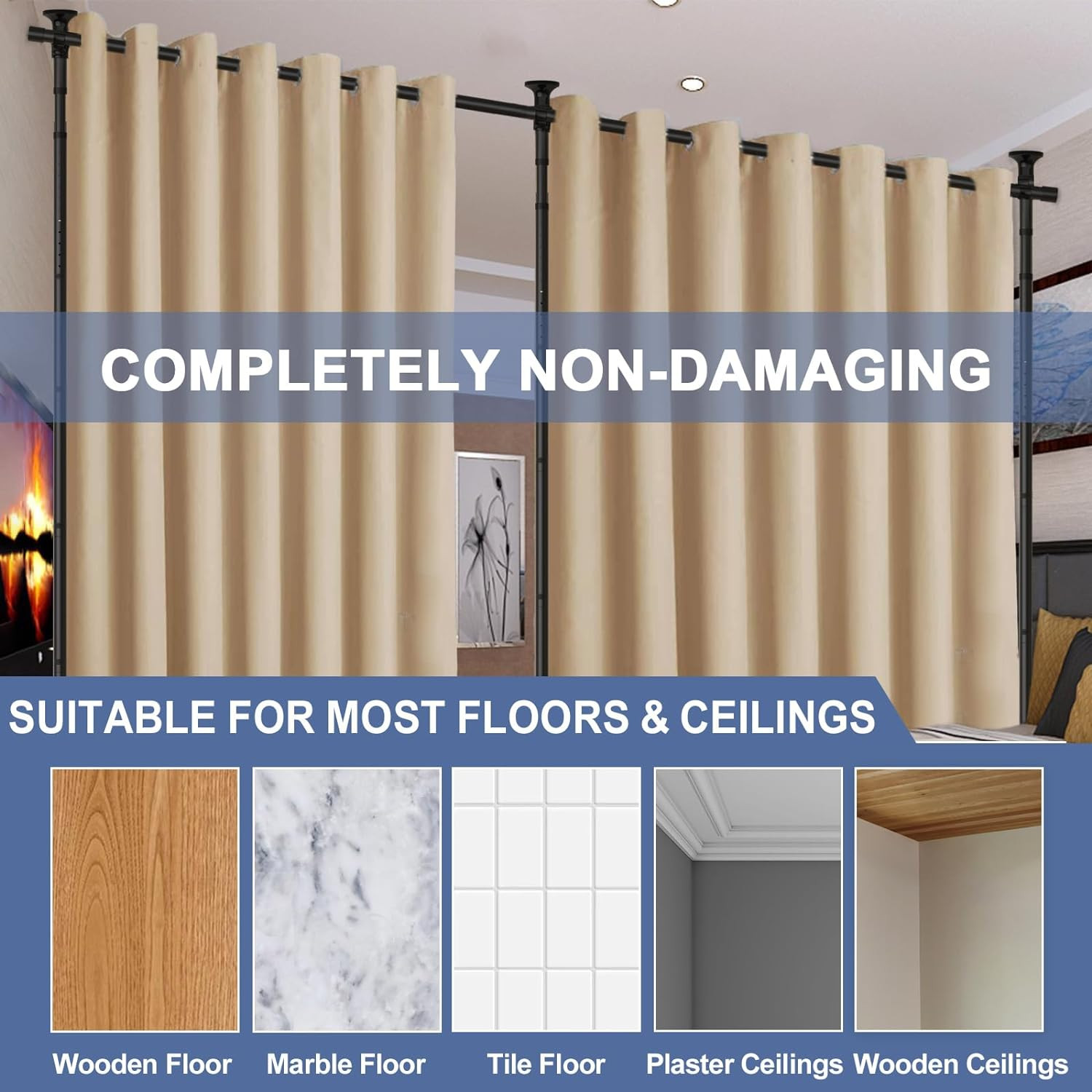 Room Conner Divider Partition Tension black Rod Bar for 28~114″ W x48~120 inch H