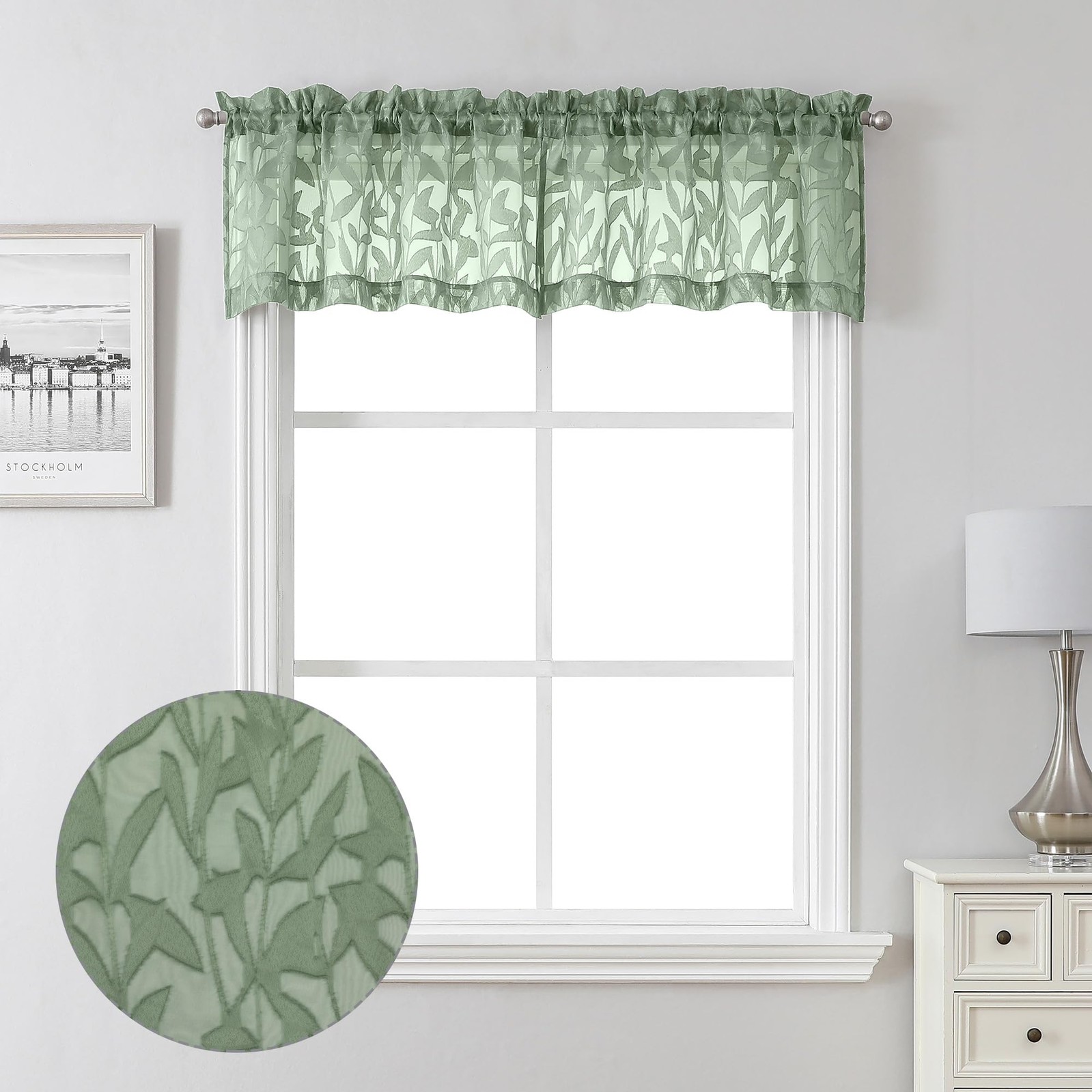Leia 14 Inch Sage Valance for Window Green Sheer Curtains 2 PCS, Jacquard Tex…