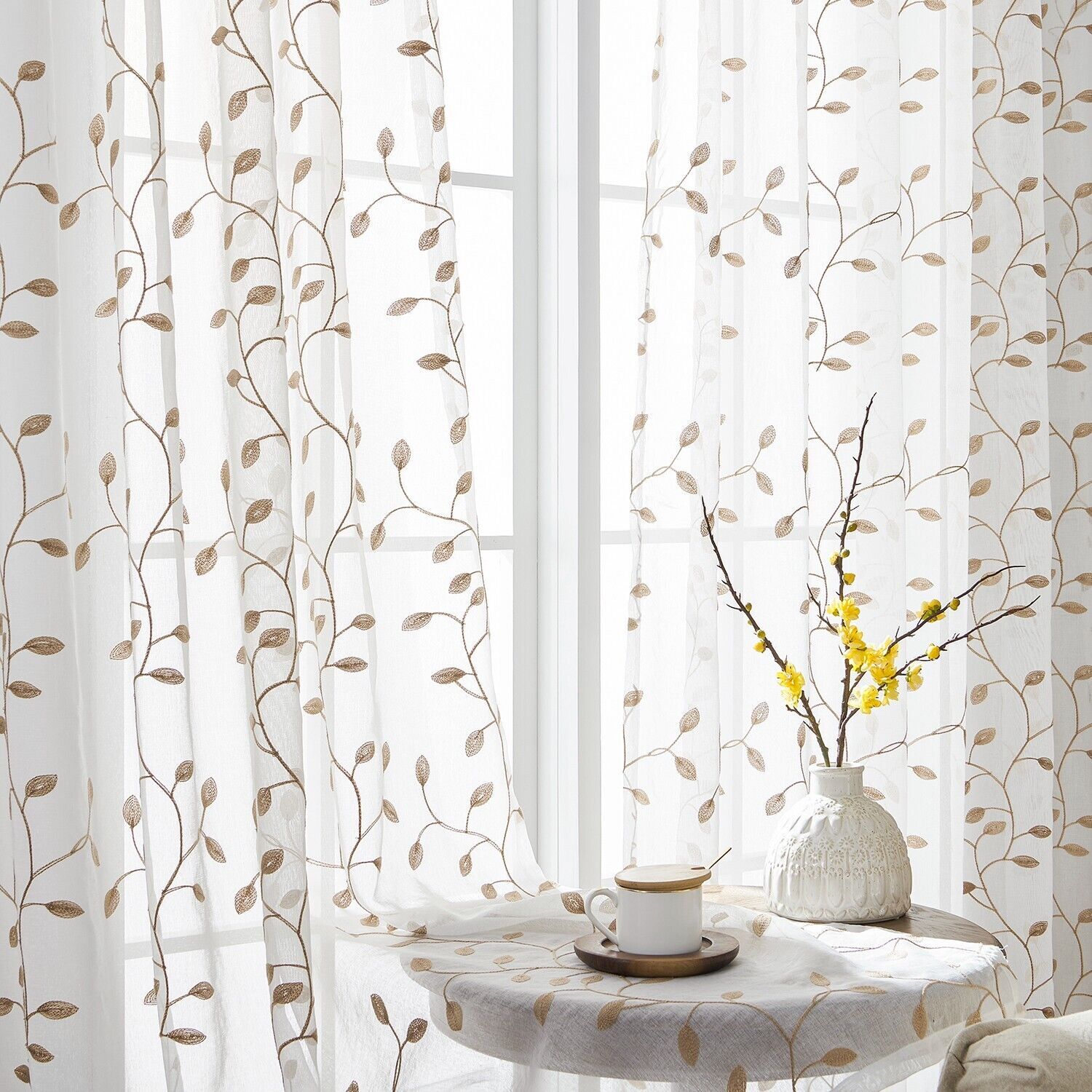 2 Panels Embroidered Leaves Semi Sheer Voile Window Curtains Drapes Living Room
