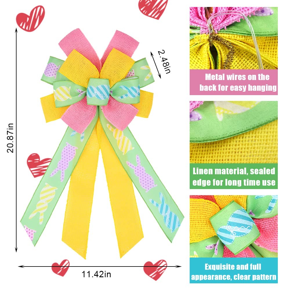 Happy Easter Large Wreath Bows for Front Door Decorations, Pink Yellow Holiday