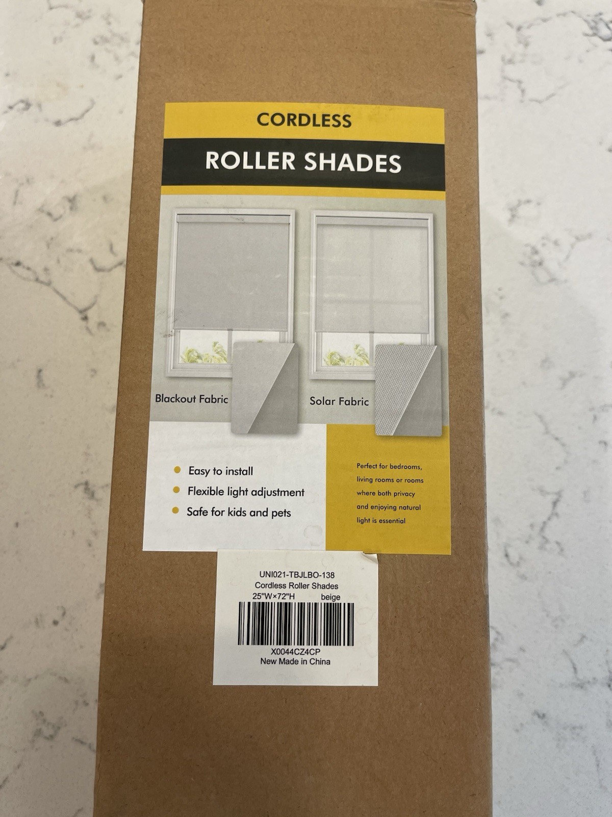 Cordless Blackout Roller Shade, 25″ W x 72″ H, Beige Thermal insulated, UV Prot