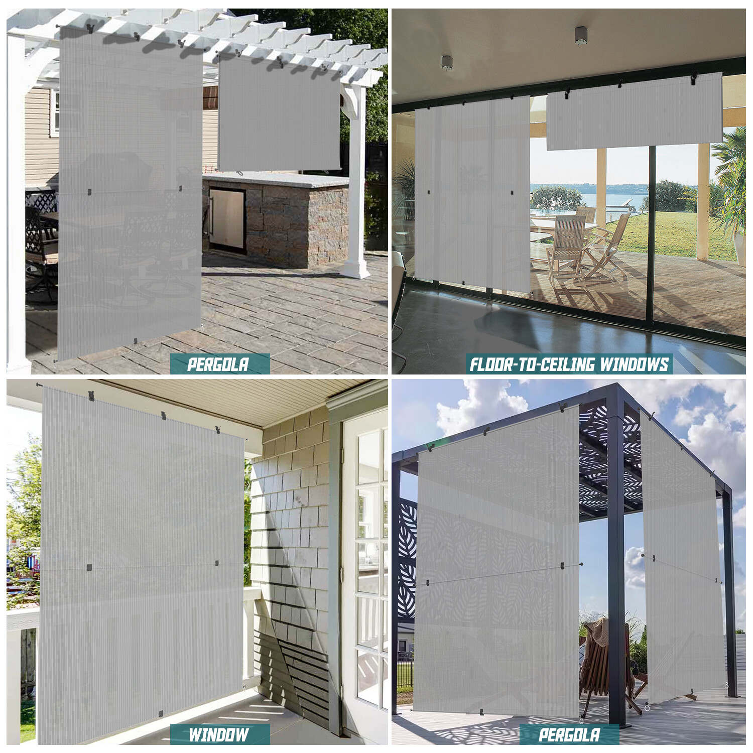 Gray Foldable Roller Sunshade Cordless Curtain for Windows Patio Porch Gazebo