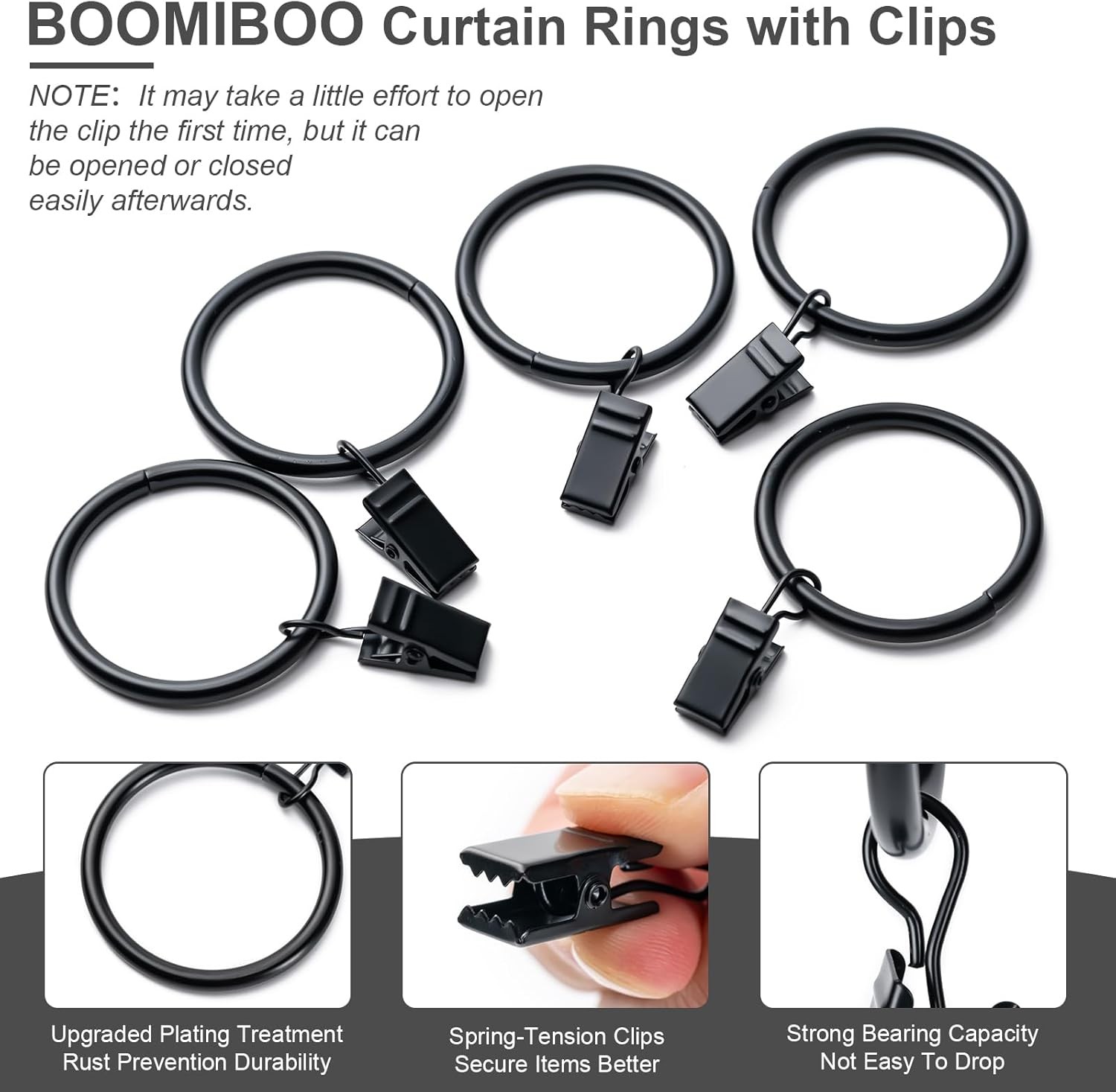 Drapery Rings with Clips 40 Pack Black 1.5 Inch