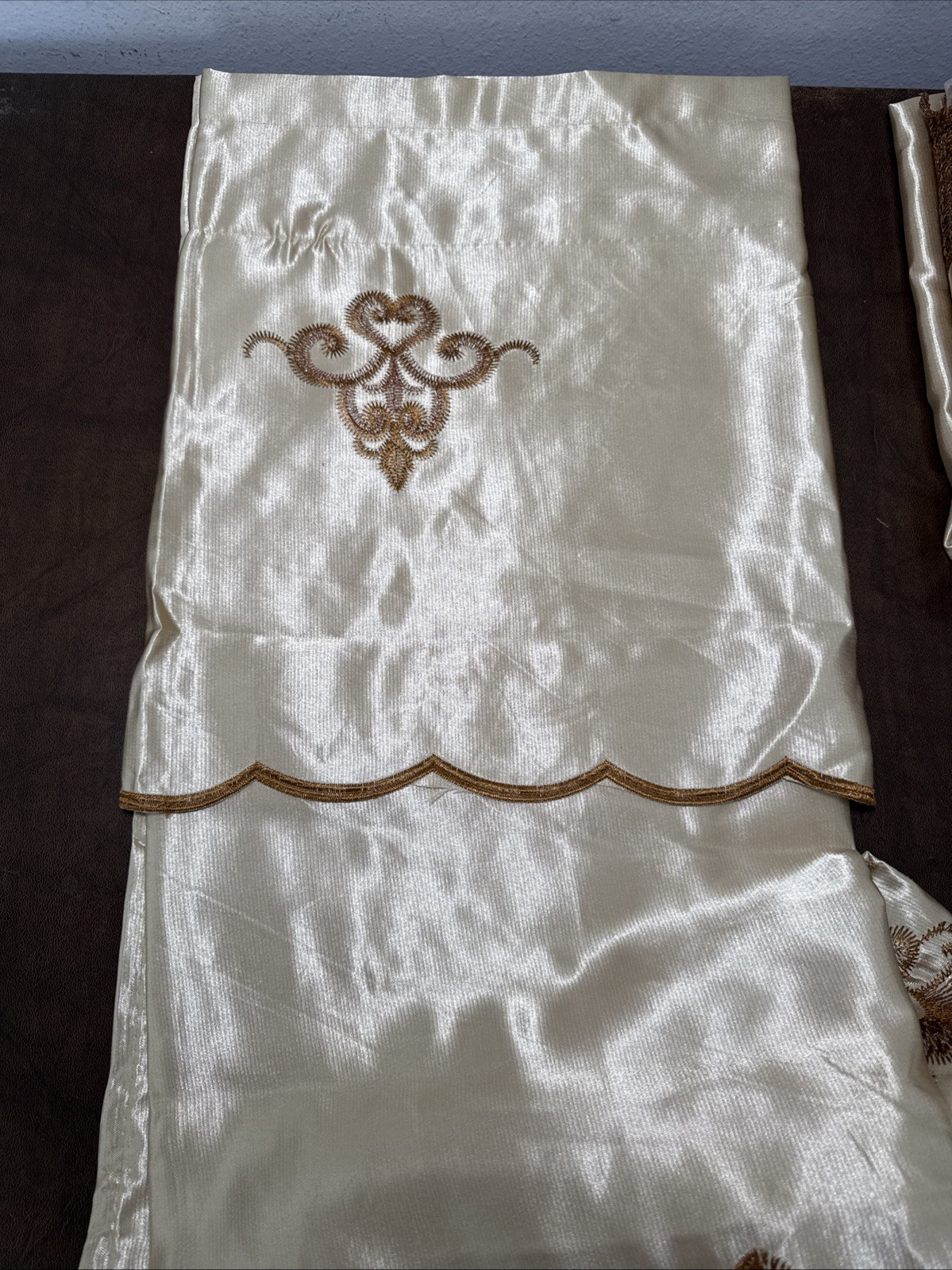 Drapes 2 Panels Beige w/ Attached Valance, Shimmer Satin, Sheer Lace 54 X 87”