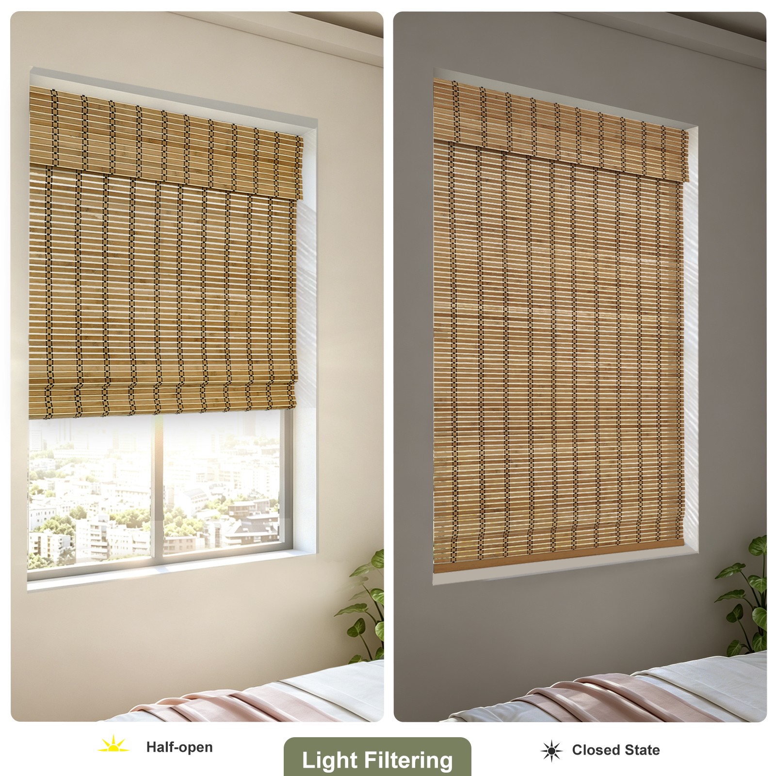 Changshade Cordless Bamboo Window Blinds Sun Shade, Light Filtering Roman Blinds