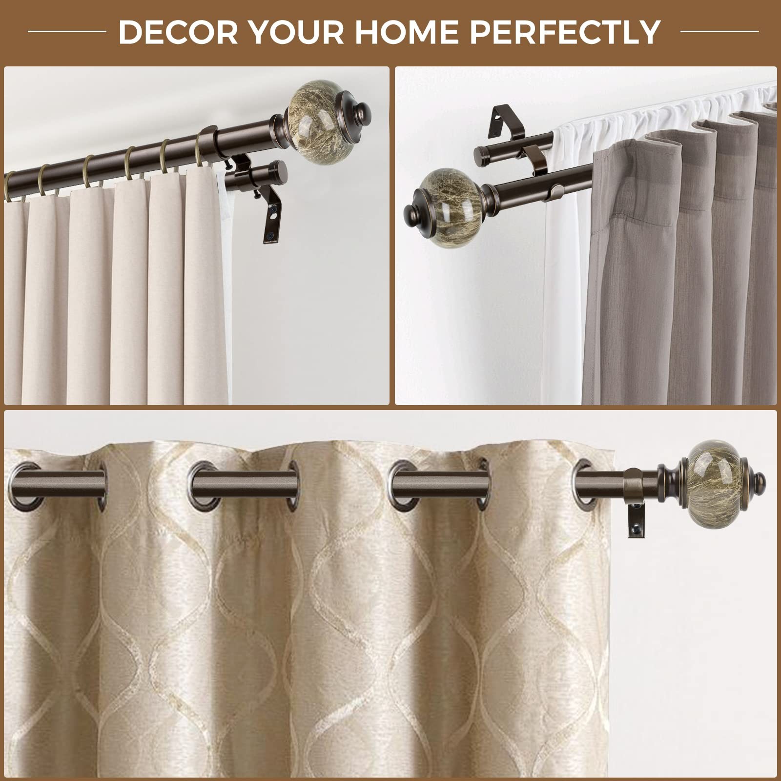 KAMANINA Bronze Double Curtain Rod 72 to 144 Inches (6-12ft), 1 Inch Telescoping