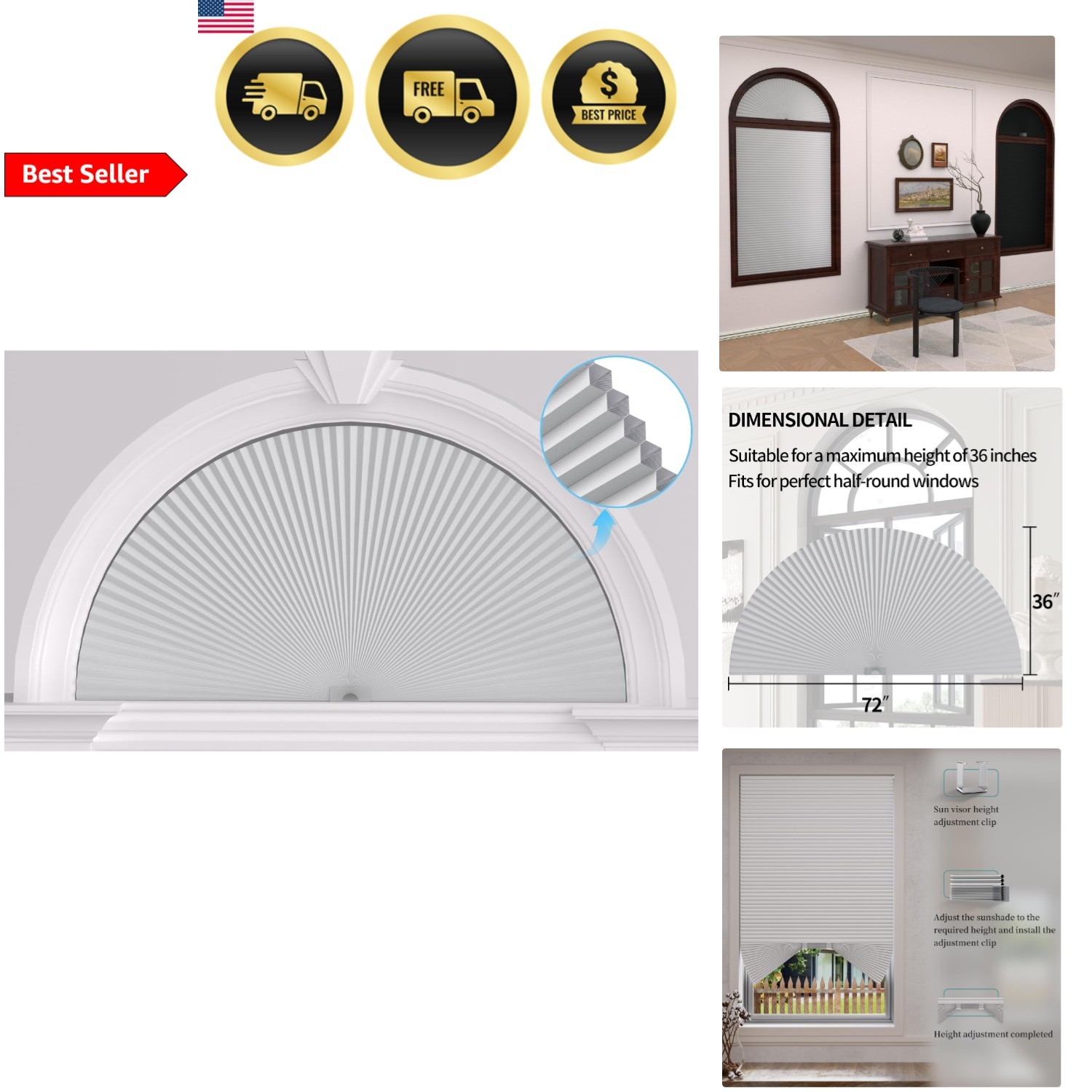 Arch Window Shades Blackout Cellular Shades No Drill Cordless Half Moon Blinds