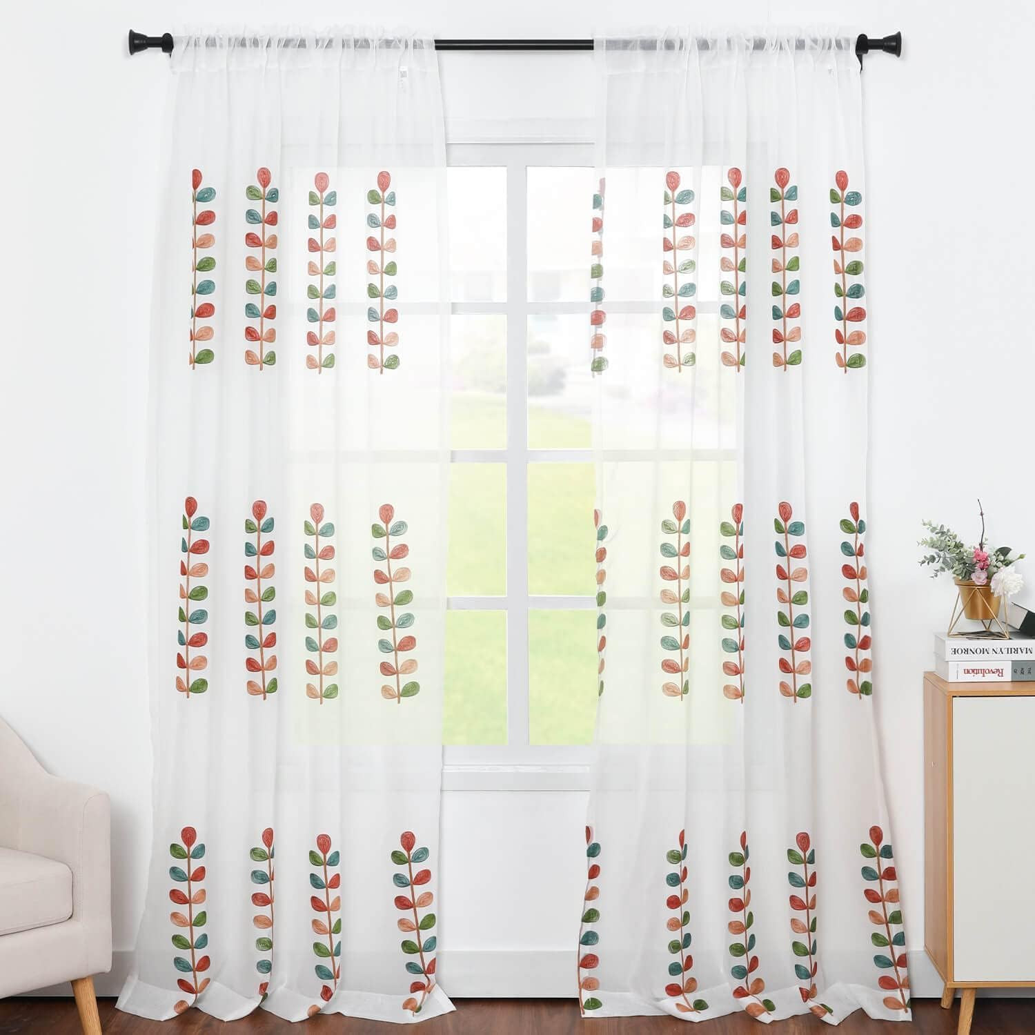 Colorful Leaves Embroidered Sheer Curtains, 2 Sets, 52×84 for Dining & Bath