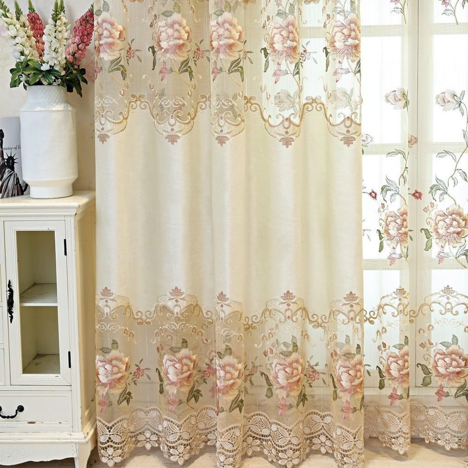 Room Darkening Chenille Embroidered Floral Curtains Eyelet/Grommet Top Europe…