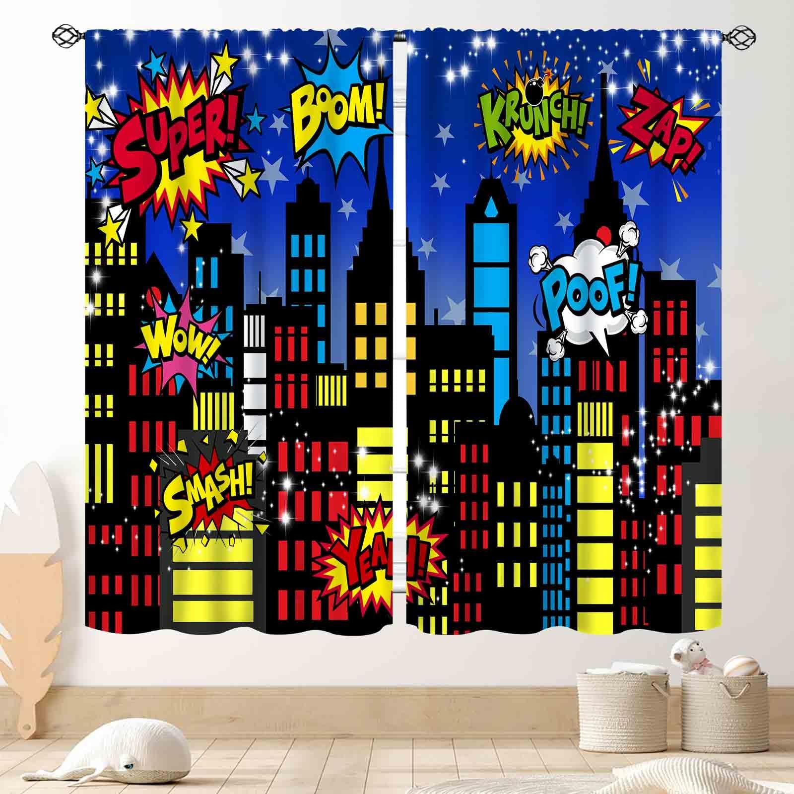 Tkuyo Superhero City Curtains Comic Night Starry Skyline Cityscape Buildings