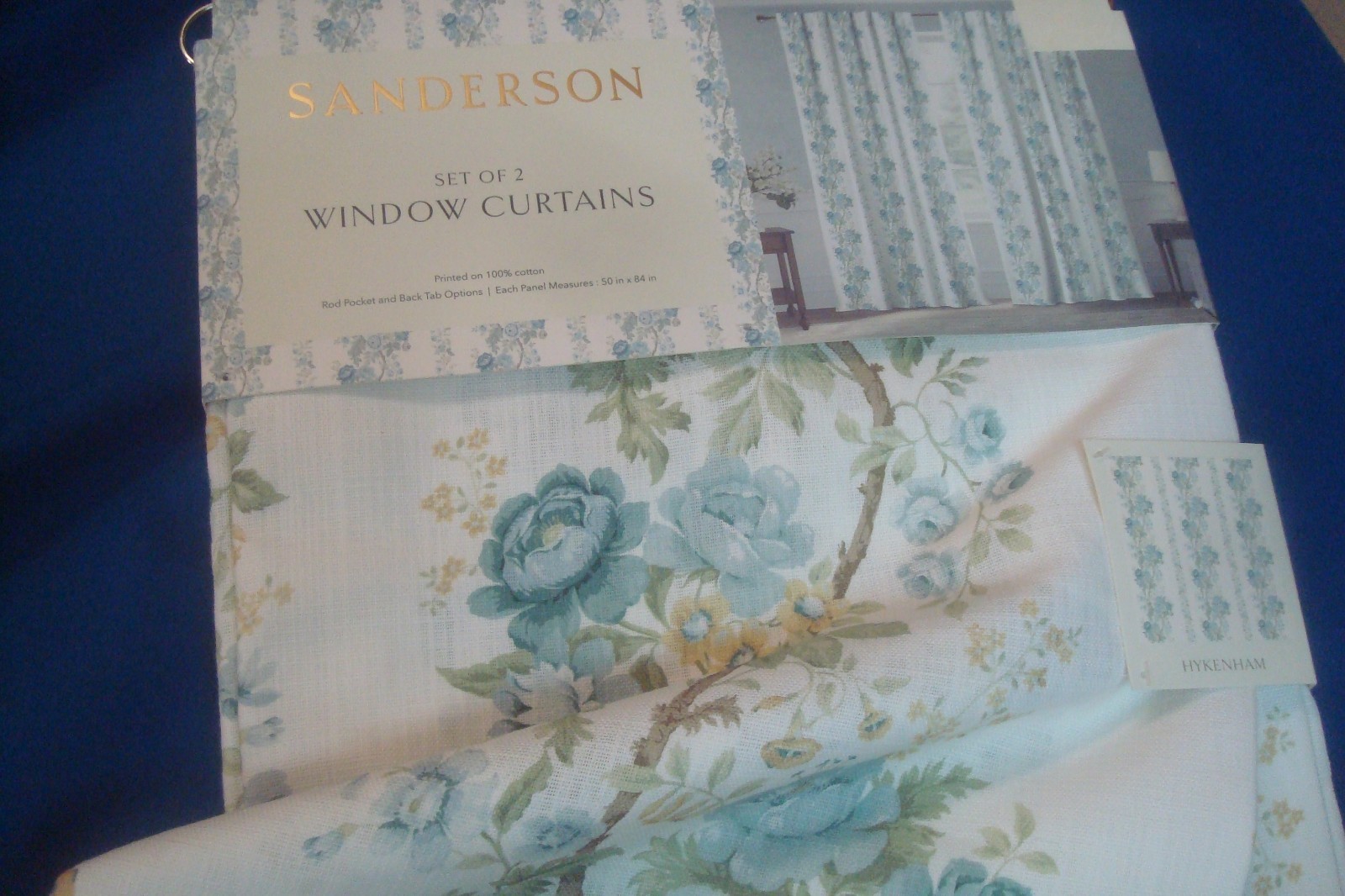 NWT Sanderson 2 pc Window Curtain Panels Hykenham Floral Aqua Blue Cotton 84″ lg