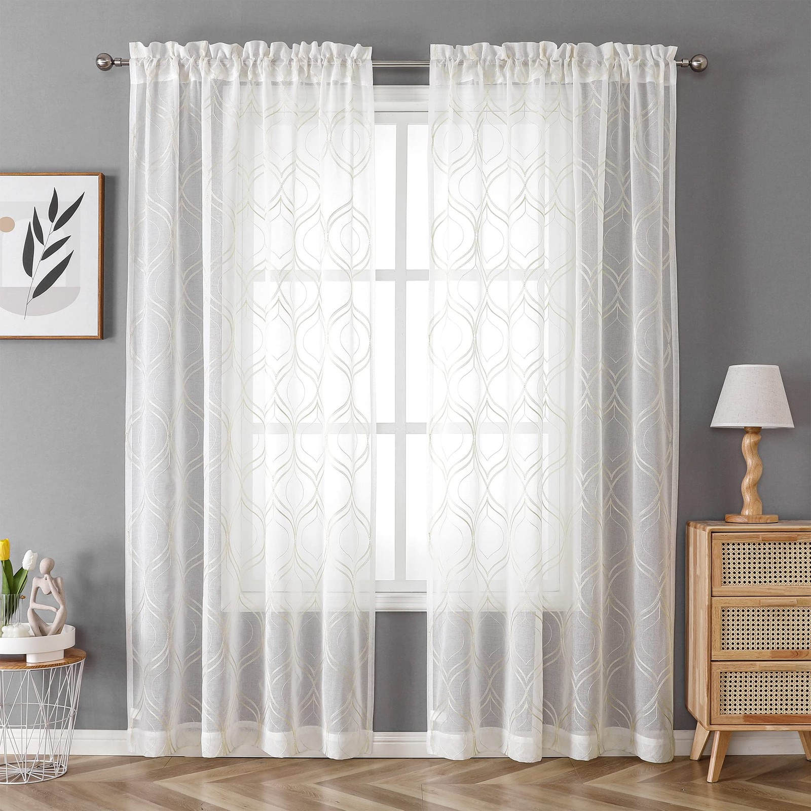 VISIONTEX Moroccan Embroidered White Sheer Curtains Panels, Decor French Texture