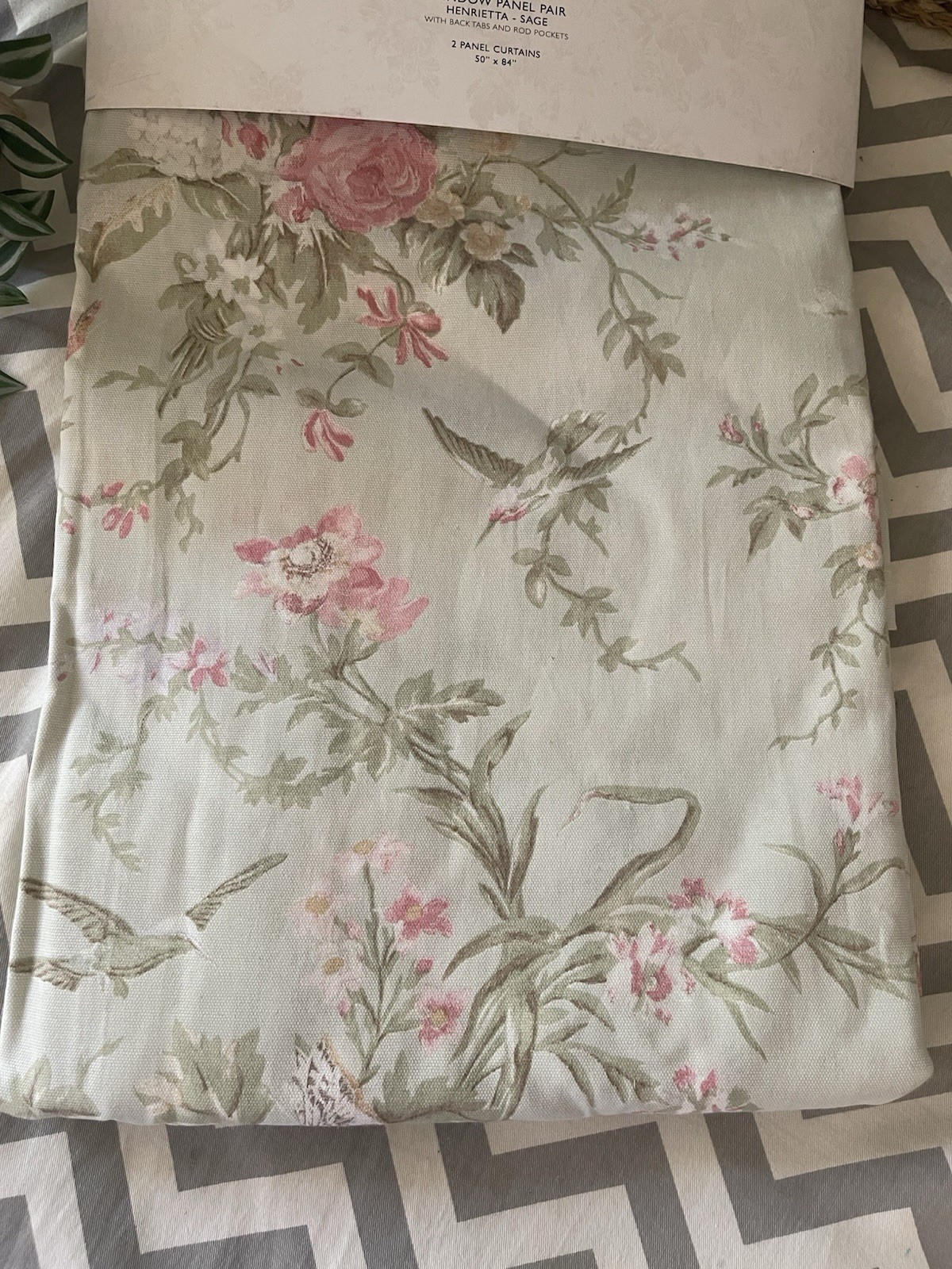 CABBAGES & ROSES 2 Panel Curtain Set Birds Floral HENRIETTA SAGE 50 x 84” NEW
