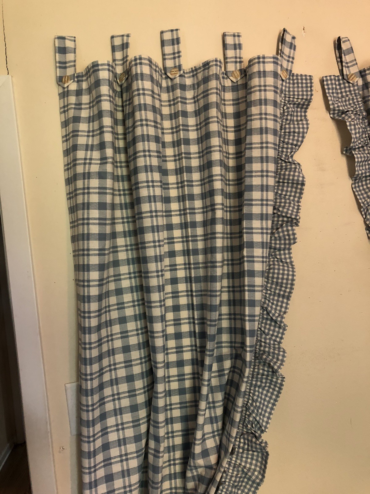 Cottagecore Set Of Curtains Blue White Plaid Ruffled Tab Top Each 80”L x 46”W